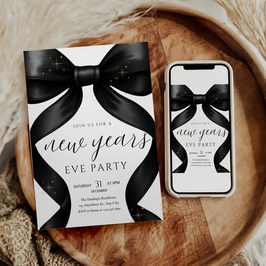 New Years Party invitation Friendsmas Invite Family Christmas Invite Black Bow Holiday Party Evite New Years Eve Dinner Instant Download