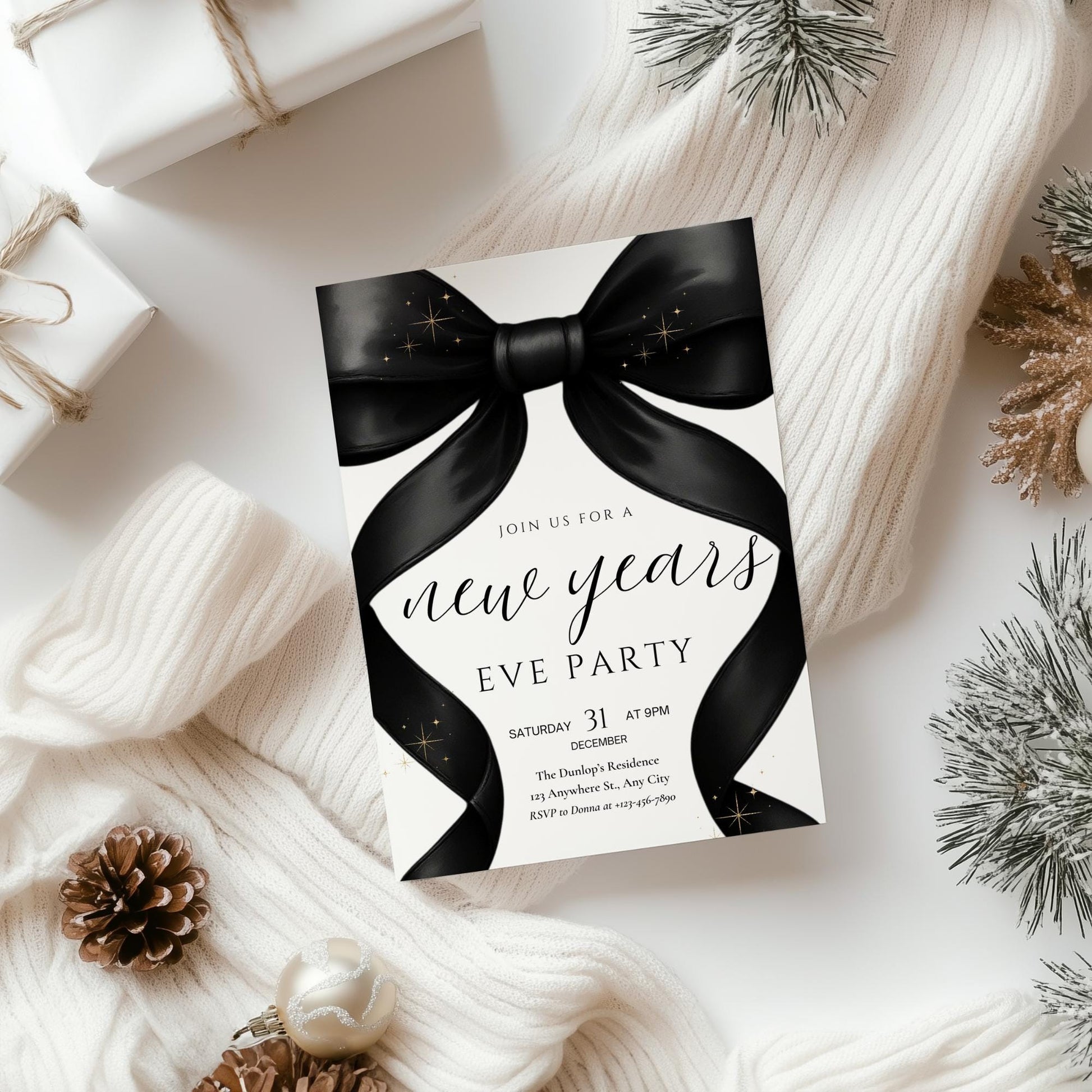 New Years Party invitation Friendsmas Invite Family Christmas Invite Black Bow Holiday Party Evite New Years Eve Dinner Instant Download