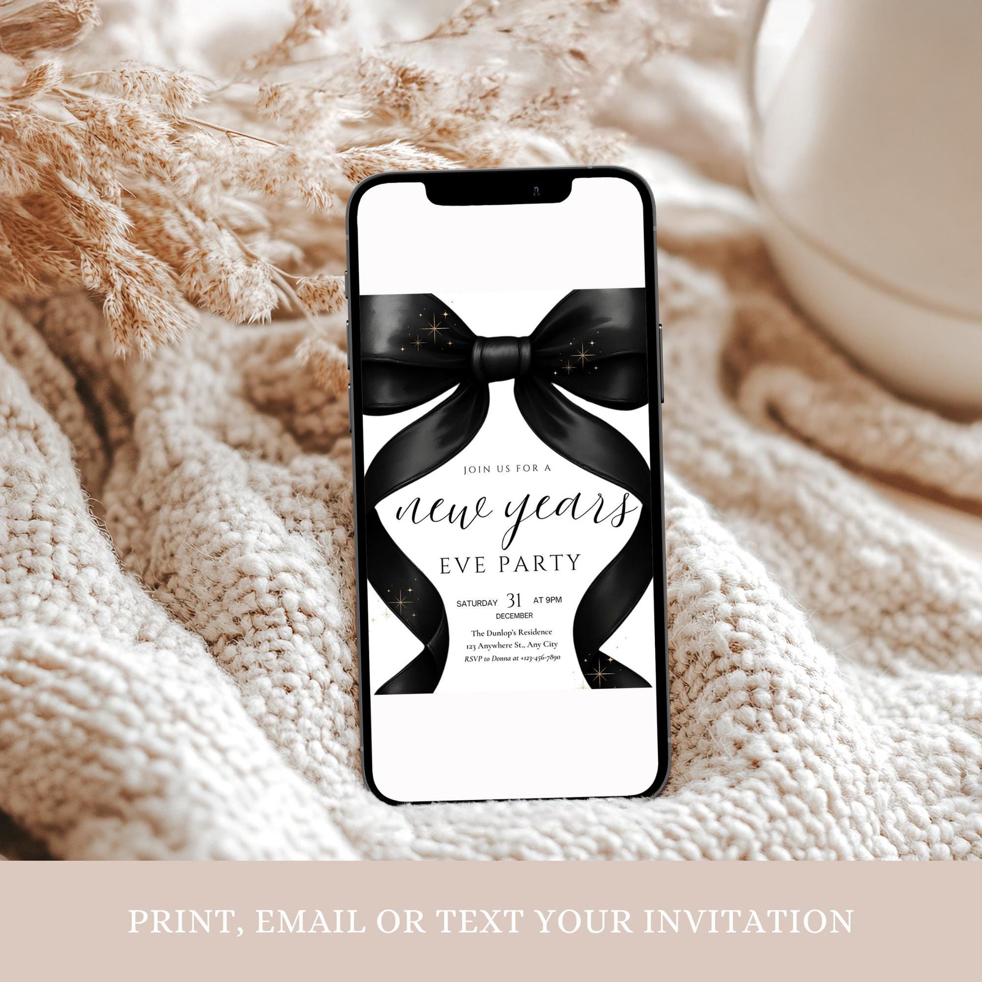 New Years Party invitation Friendsmas Invite Family Christmas Invite Black Bow Holiday Party Evite New Years Eve Dinner Instant Download