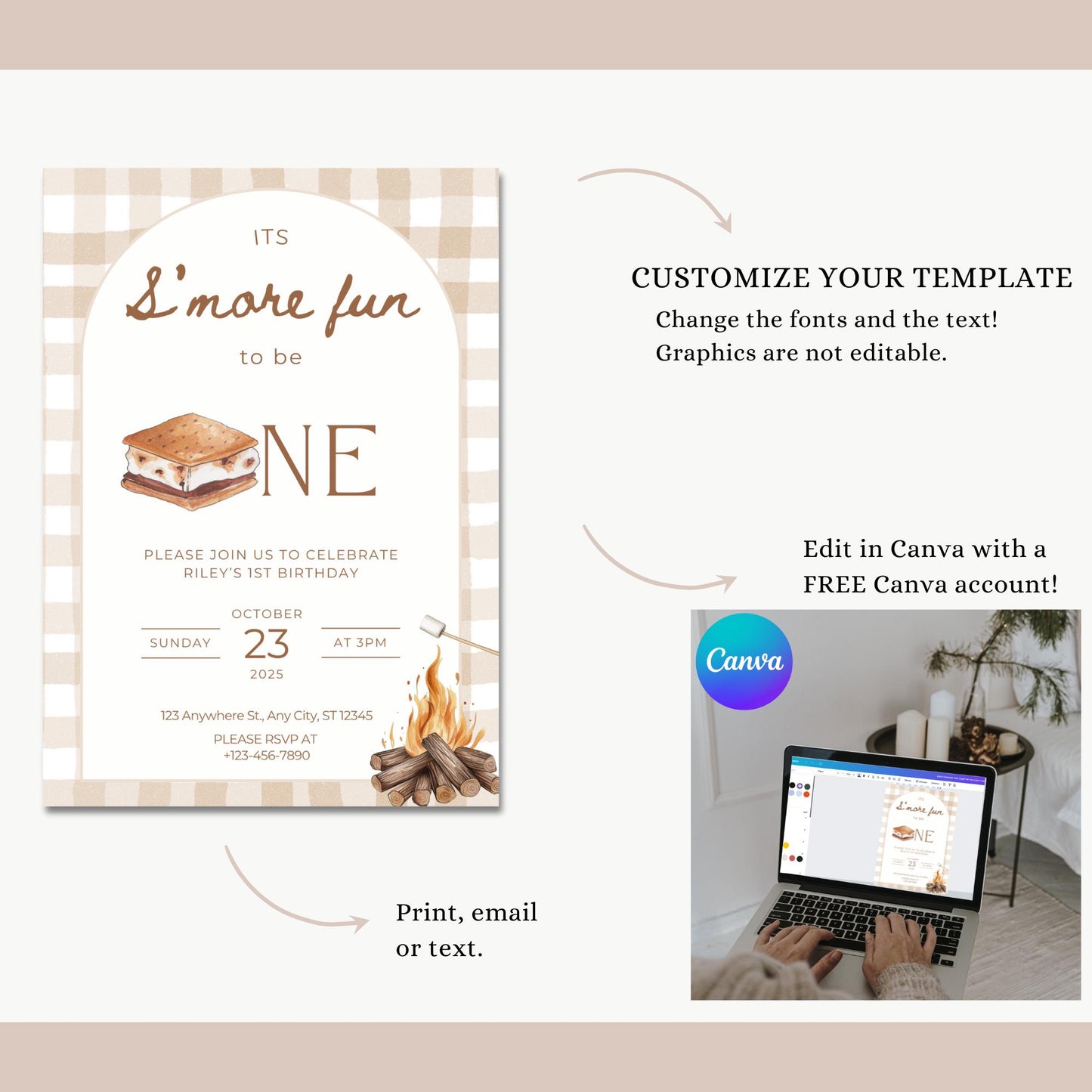 S'mores Birthday Invitation Bonfire 1st Birthday Invite Smore Fun to be One Backyard Camping Party Fall Camp First Birthday Outdoor Campfire