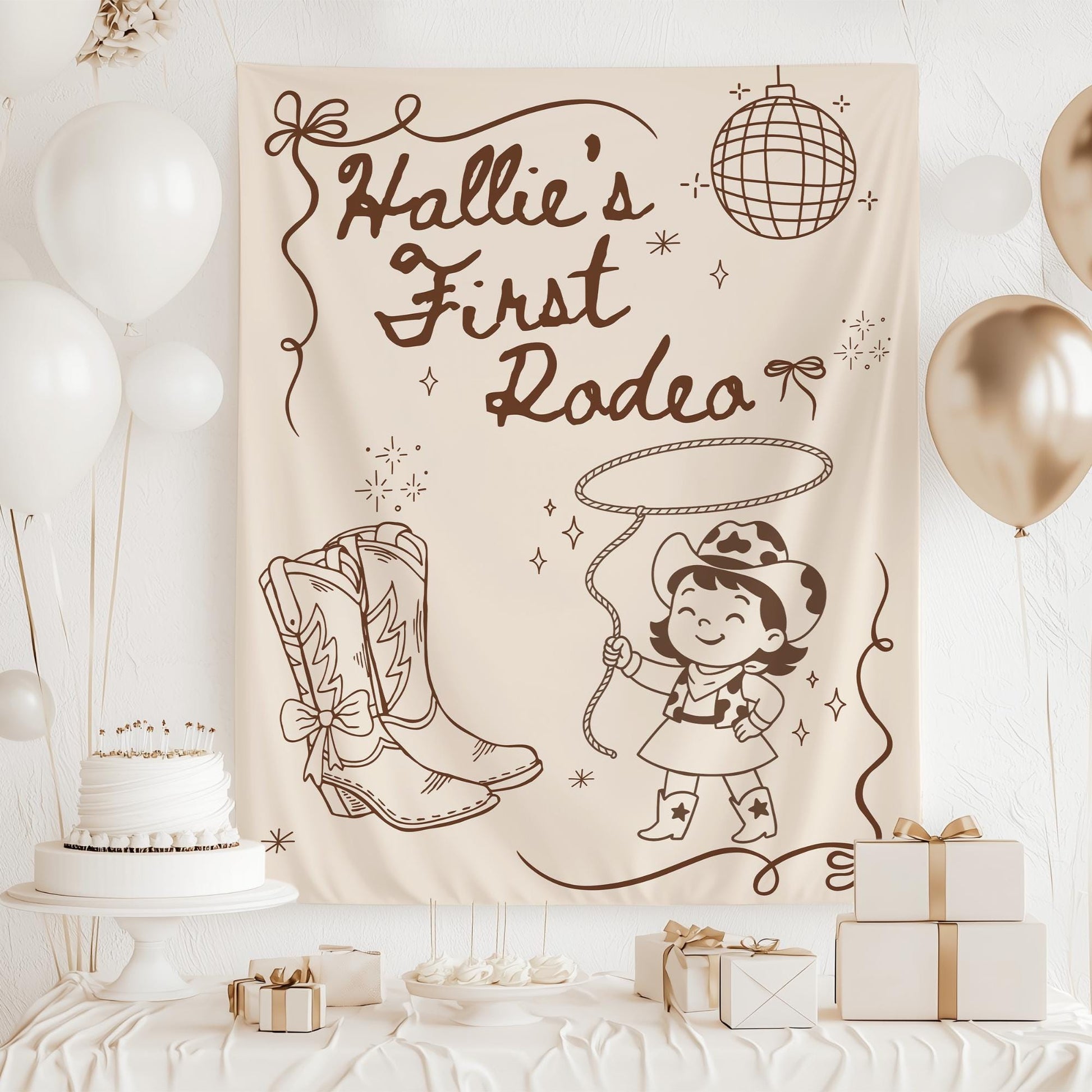 First Rodeo Birthday Banner, Disco Cowgirl Party Decor, Customizable Western Theme Birthday Sign for Kids