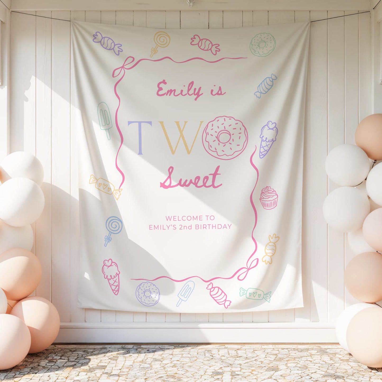 Two Sweet Birthday Personalized Banner Girl Second Birthday Dessert Theme Invite Candy Donut Ice Cream Sweets 2nd Birthday Welcome Sign