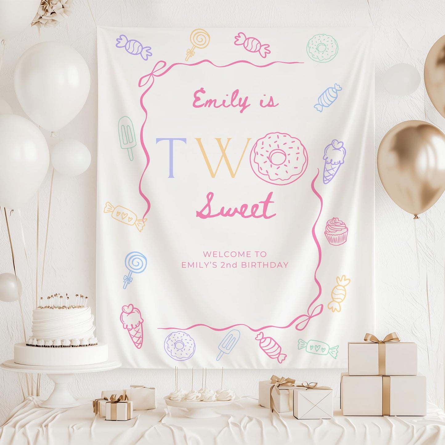 Two Sweet Birthday Personalized Banner Girl Second Birthday Dessert Theme Invite Candy Donut Ice Cream Sweets 2nd Birthday Welcome Sign