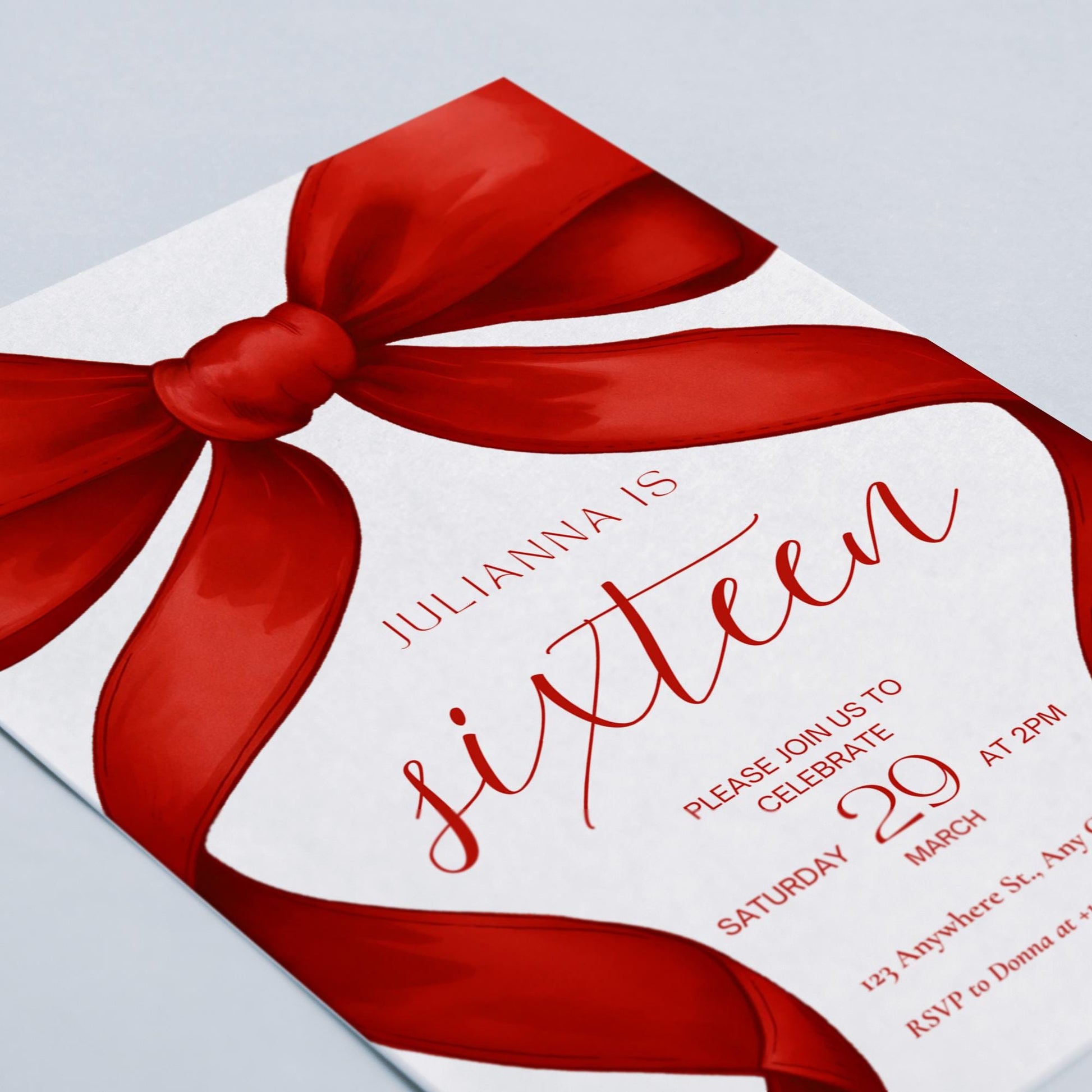 16th birthday invitation Red Coquette Invite 16th Birthday Invitation Girl sixteenth Red Bow Birthday Teen Birthday Party Sweet Sixteen