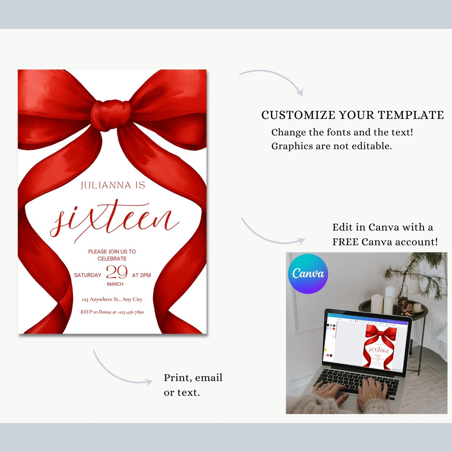 16th birthday invitation Red Coquette Invite 16th Birthday Invitation Girl sixteenth Red Bow Birthday Teen Birthday Party Sweet Sixteen