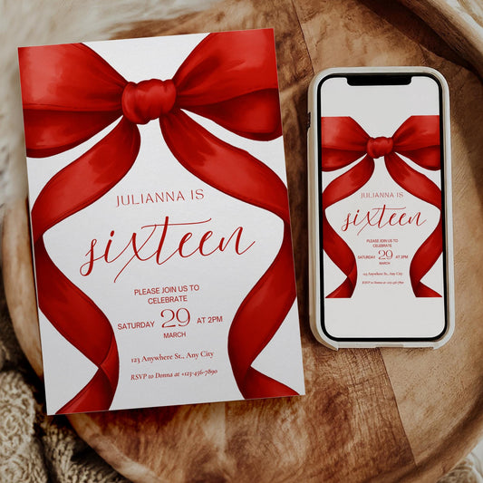 16th birthday invitation Red Coquette Invite 16th Birthday Invitation Girl sixteenth Red Bow Birthday Teen Birthday Party Sweet Sixteen