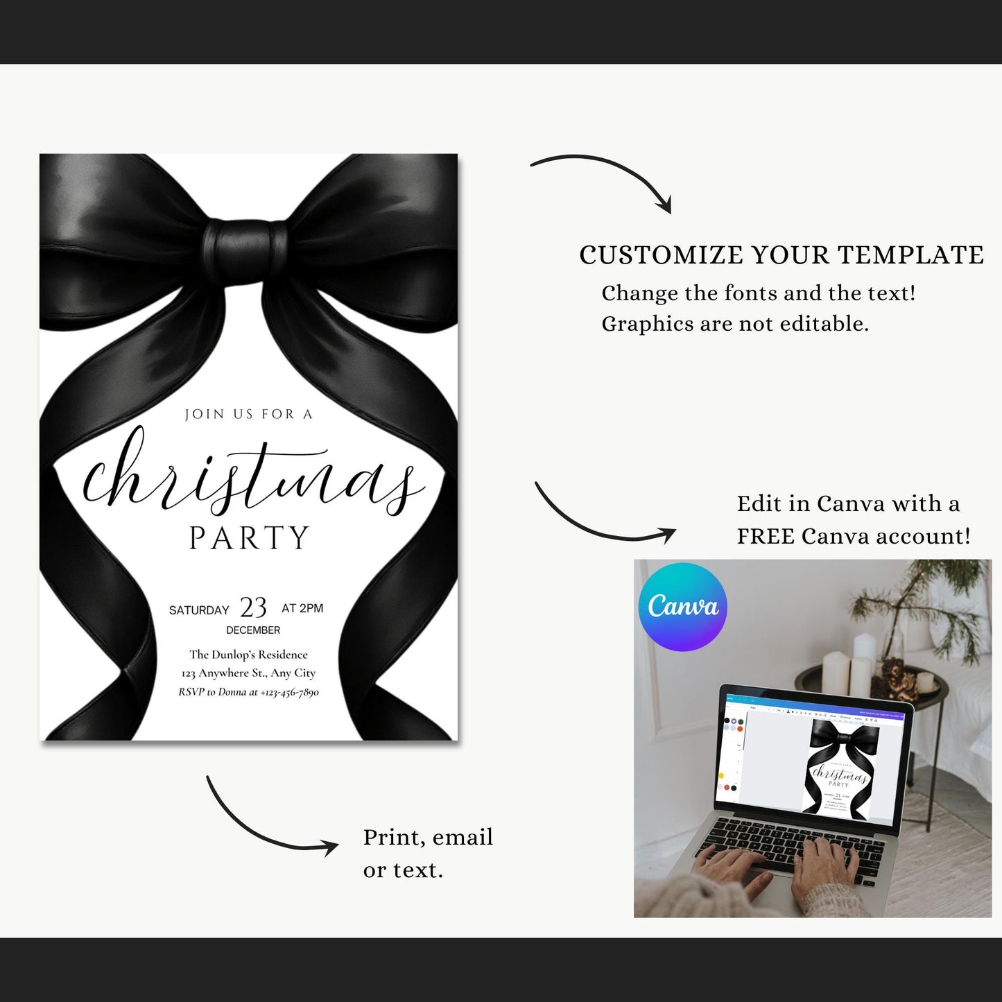 Christmas Party invitation Friendsmas Invite Family Christmas Invite Black Bow Holiday Party Evite Christmas Dinner Invite Instant Download