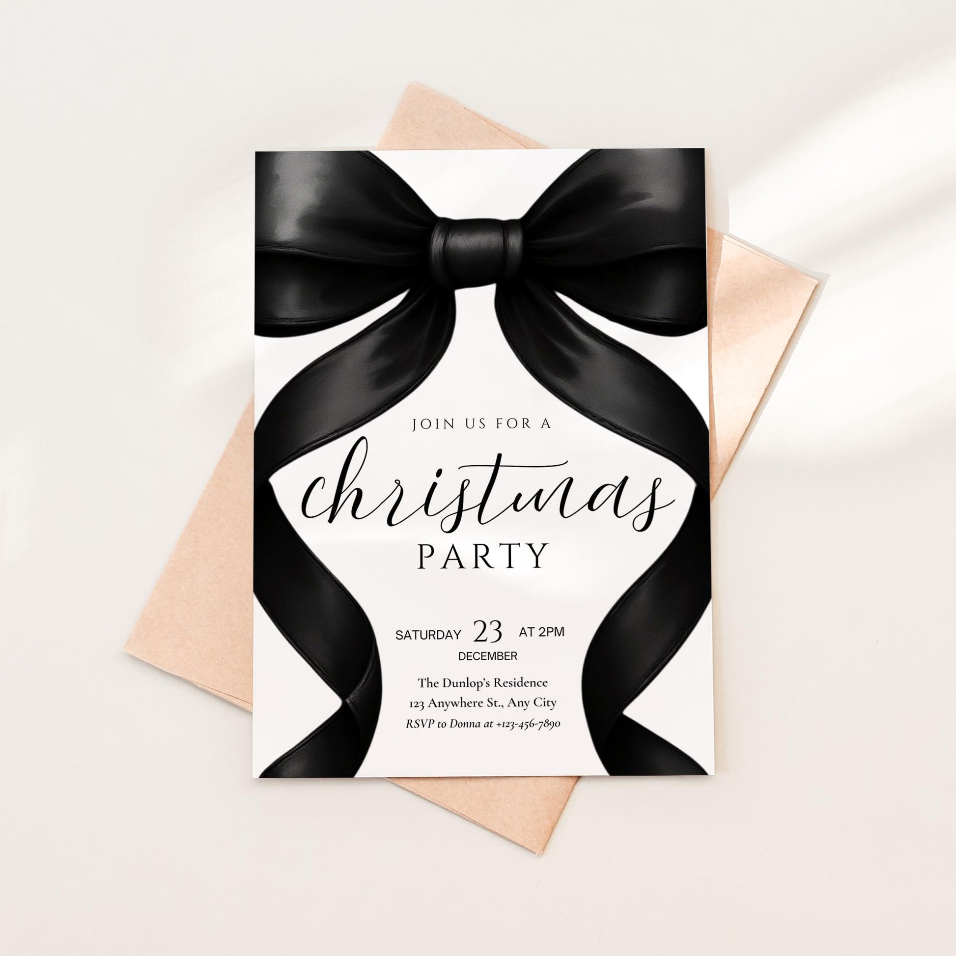 Christmas Party invitation Friendsmas Invite Family Christmas Invite Black Bow Holiday Party Evite Christmas Dinner Invite Instant Download