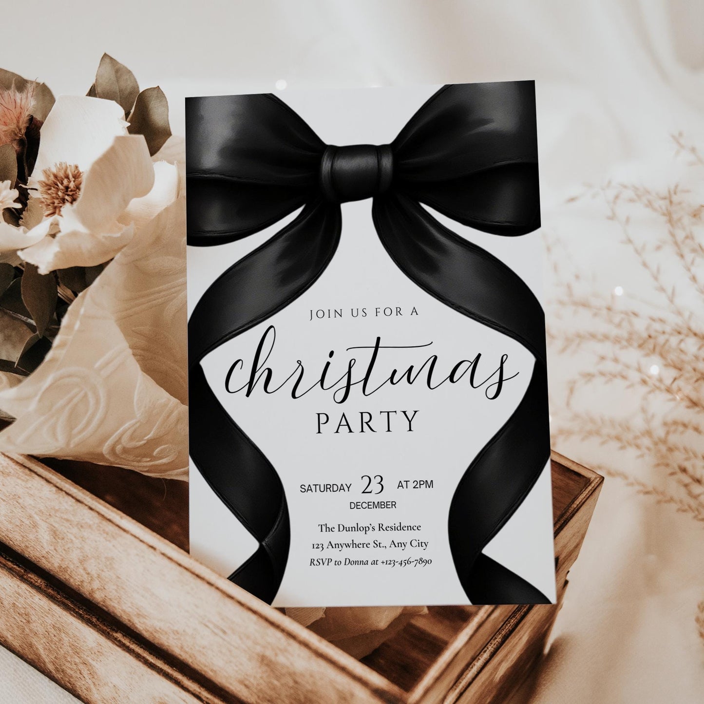 Christmas Party invitation Friendsmas Invite Family Christmas Invite Black Bow Holiday Party Evite Christmas Dinner Invite Instant Download