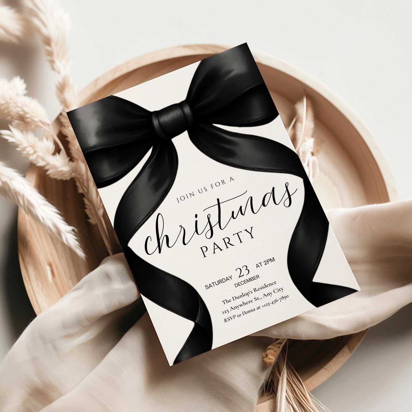 Christmas Party invitation Friendsmas Invite Family Christmas Invite Black Bow Holiday Party Evite Christmas Dinner Invite Instant Download