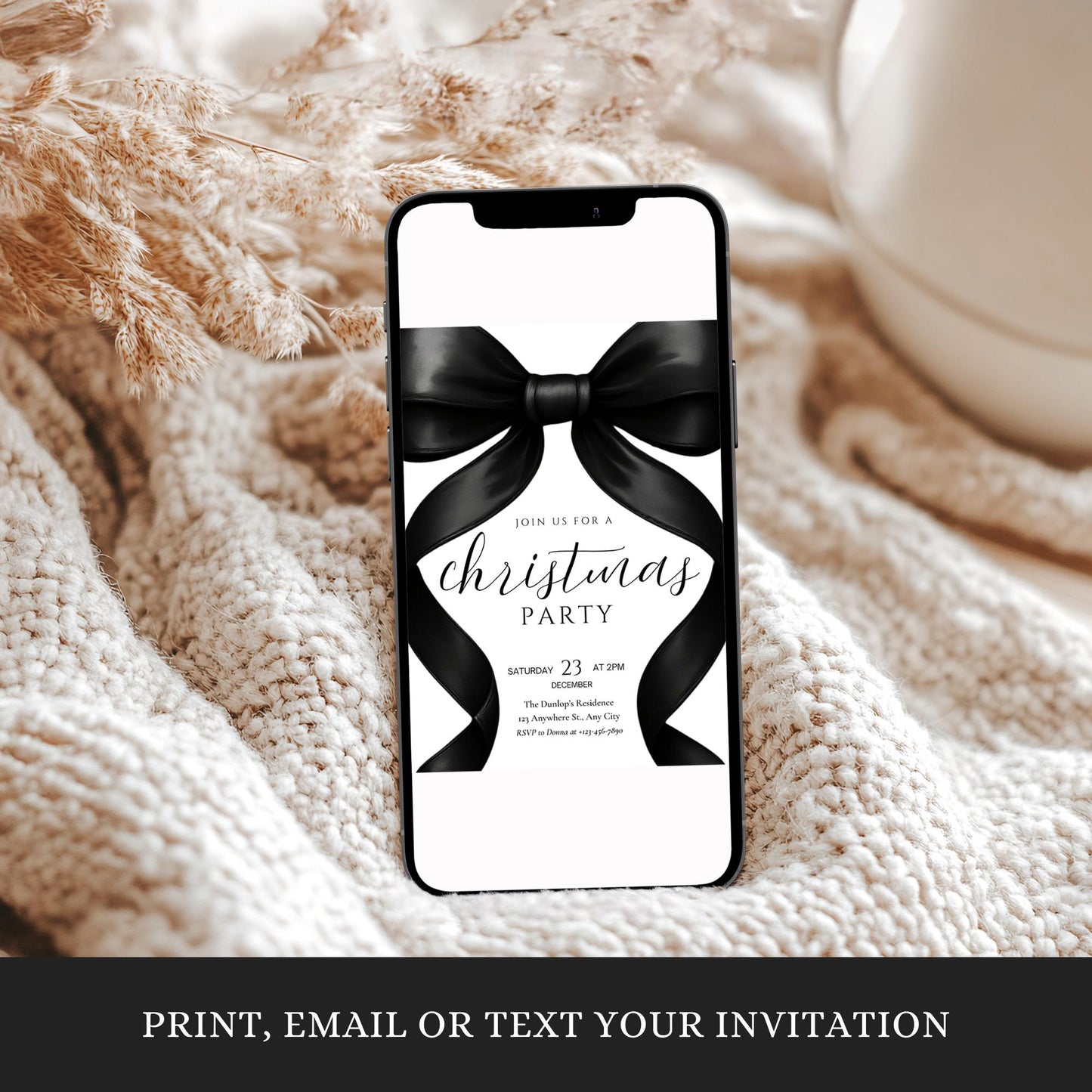 Christmas Party invitation Friendsmas Invite Family Christmas Invite Black Bow Holiday Party Evite Christmas Dinner Invite Instant Download