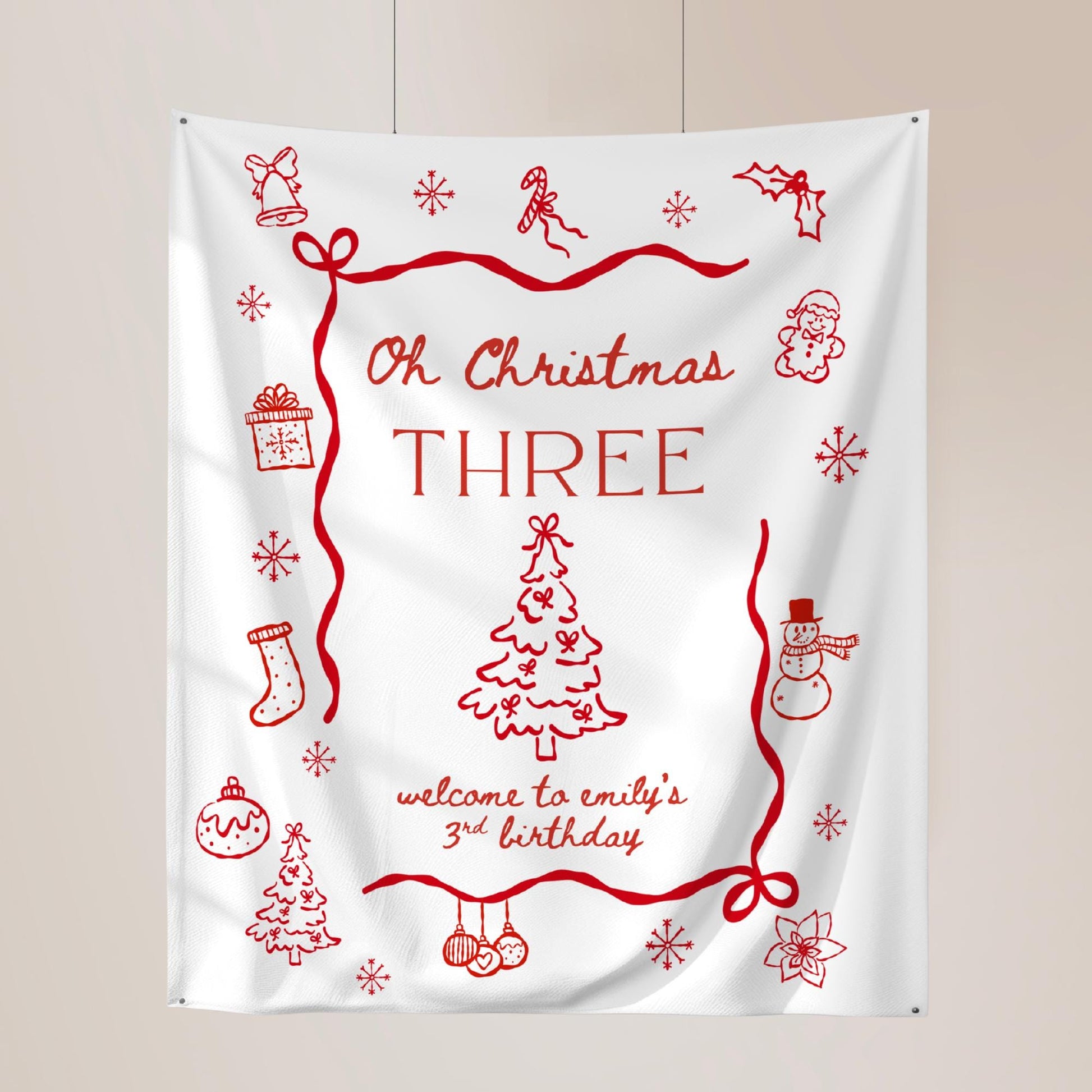 Oh Christmas Three Birthday Banner, Bright 3rd Birthday Theme, Festive Holiday Decorations