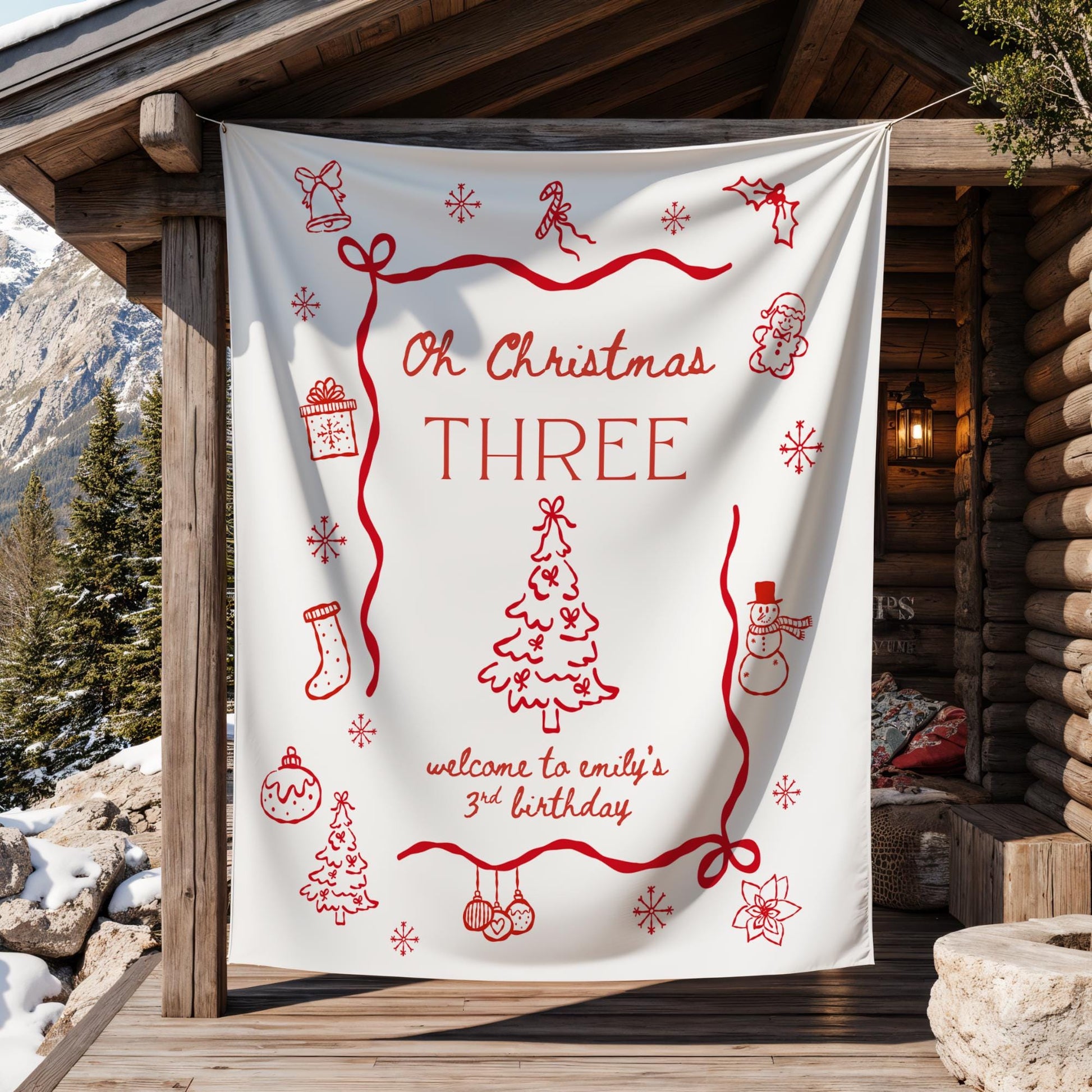 Whimsical Oh Christmas Three Birthday Banner Coquette Bow Holiday Welcome Sign Winter 3rd Birthday