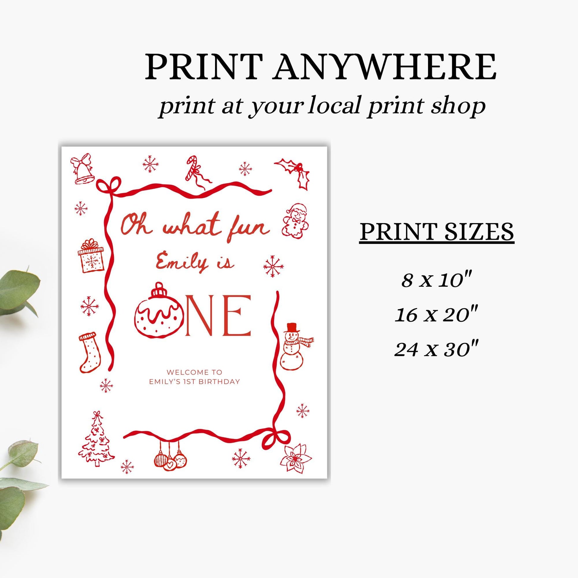 Christmas First Birthday Banner Oh What Fun it is to be One Welcome Sign Whimsical 1st Birthday Decor Coquette Bow Holiday Party Hand Drawn