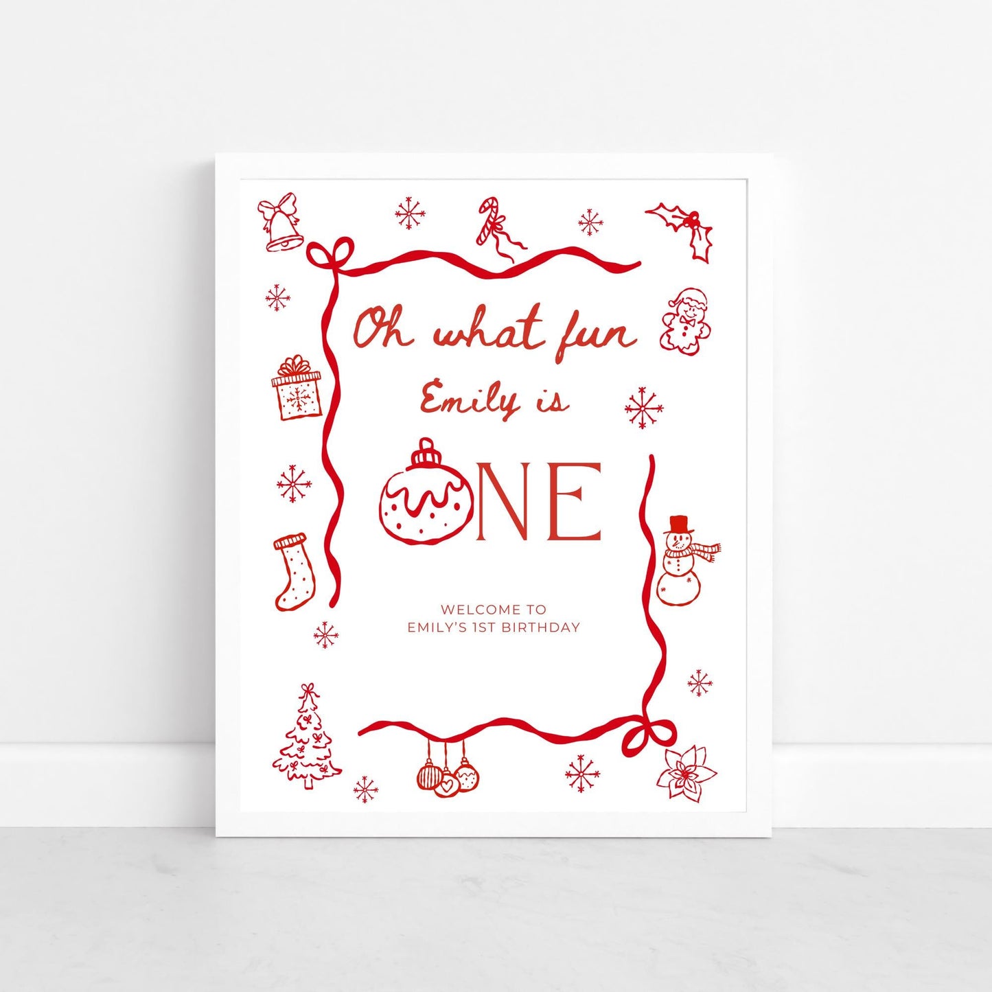 Oh What Fun Birthday Welcome Sign Template Whimsical Christmas First birthday winter 1st birthday sign Hand drawn Holiday Party decor