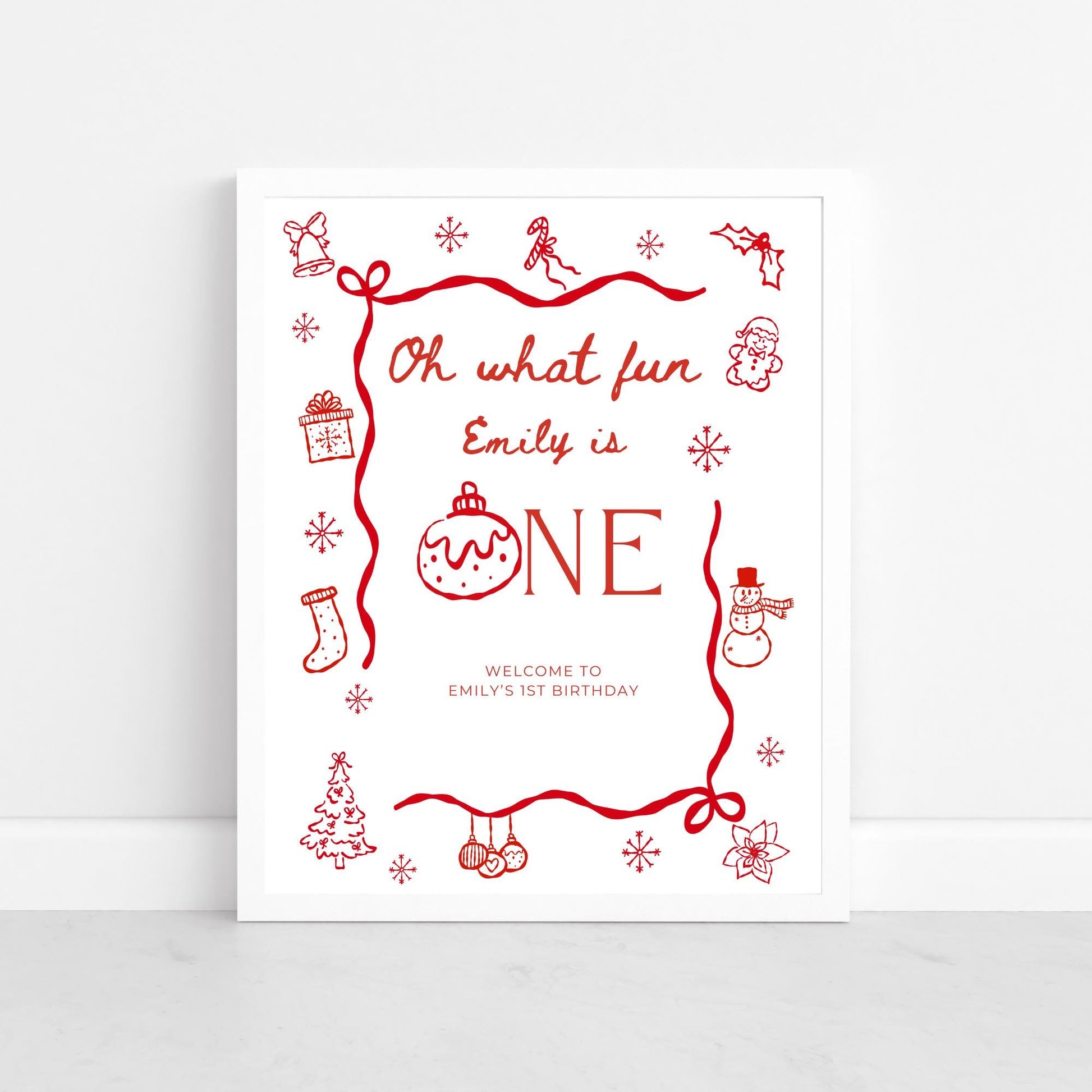 Oh What Fun Birthday Welcome Sign Template Whimsical Christmas First birthday winter 1st birthday sign Hand drawn Holiday Party decor