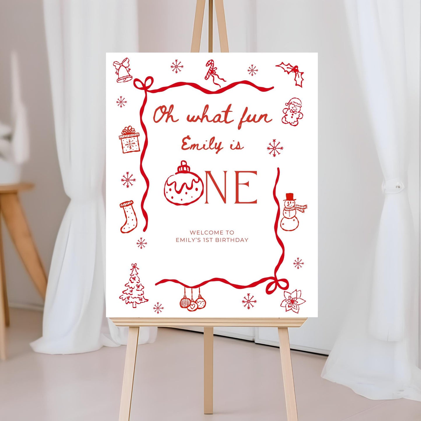Oh What Fun Birthday Welcome Sign Template Whimsical Christmas First birthday winter 1st birthday sign Hand drawn Holiday Party decor