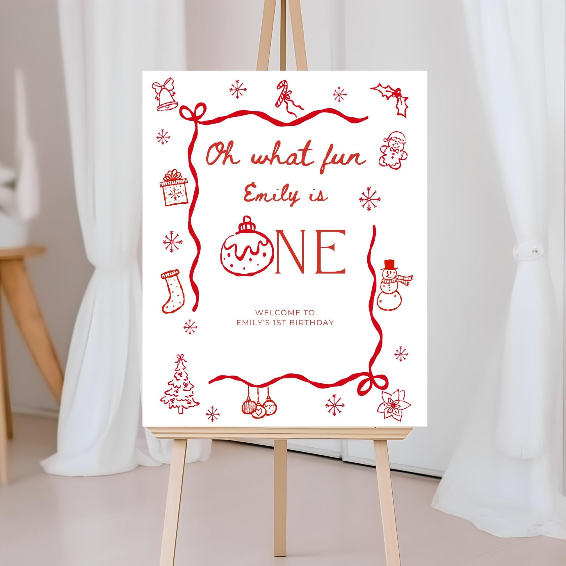 Oh What Fun Birthday Welcome Sign Template Whimsical Christmas First birthday winter 1st birthday sign Hand drawn Holiday Party decor
