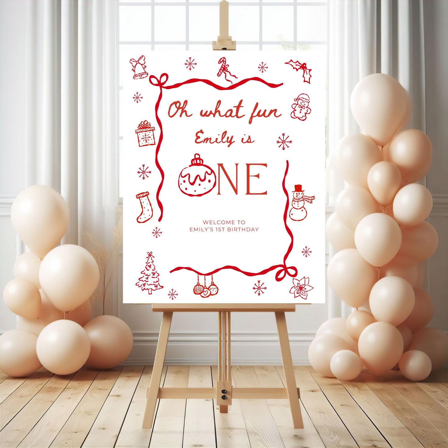 Oh What Fun Birthday Welcome Sign Template Whimsical Christmas First birthday winter 1st birthday sign Hand drawn Holiday Party decor