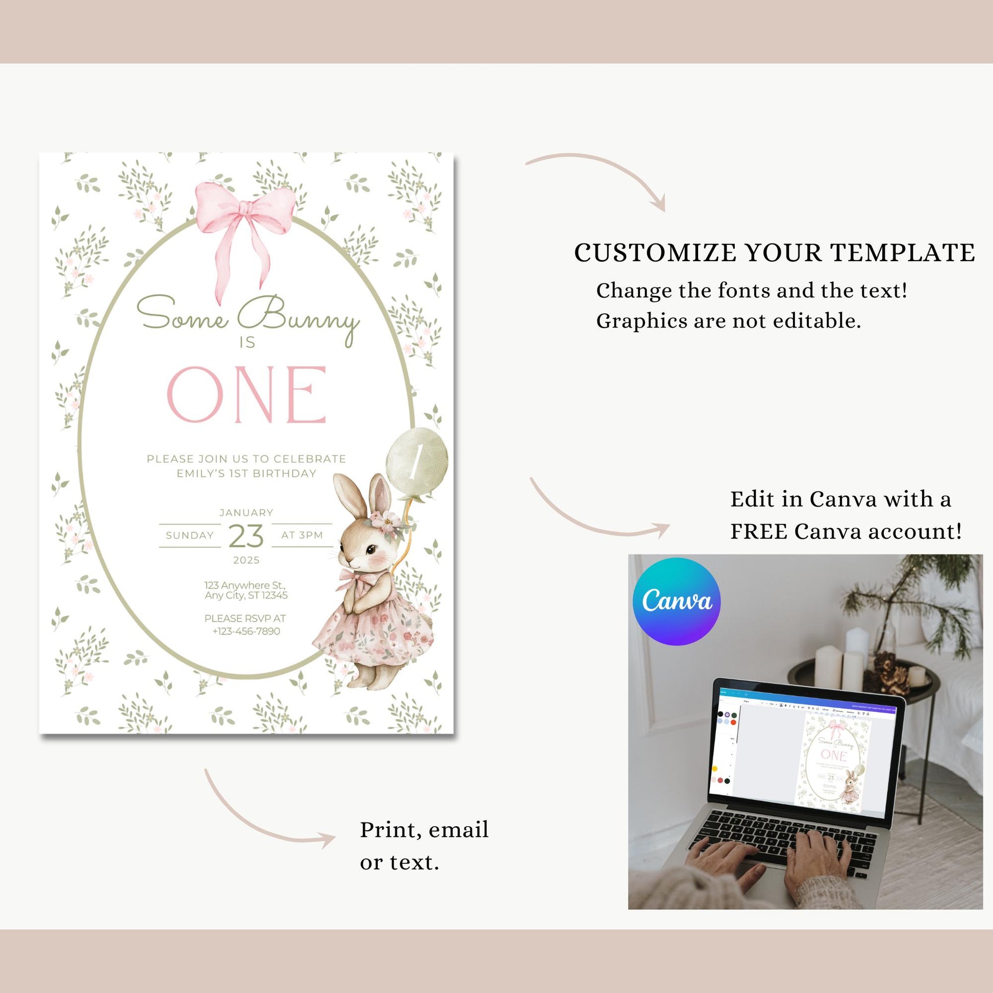 Some Bunny is One Birthday Invitation Bunny Birthday Invite Spring Floral Invitation Coquette Bunny First birthday Rabbit Birthday Invite