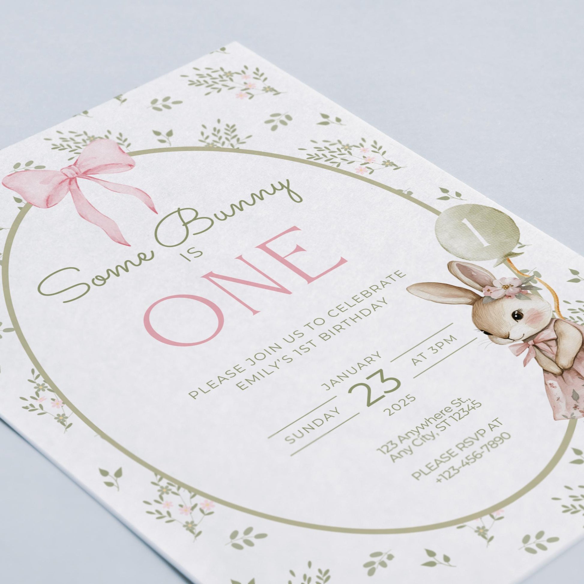 Some Bunny is One Birthday Invitation Bunny Birthday Invite Spring Floral Invitation Coquette Bunny First birthday Rabbit Birthday Invite
