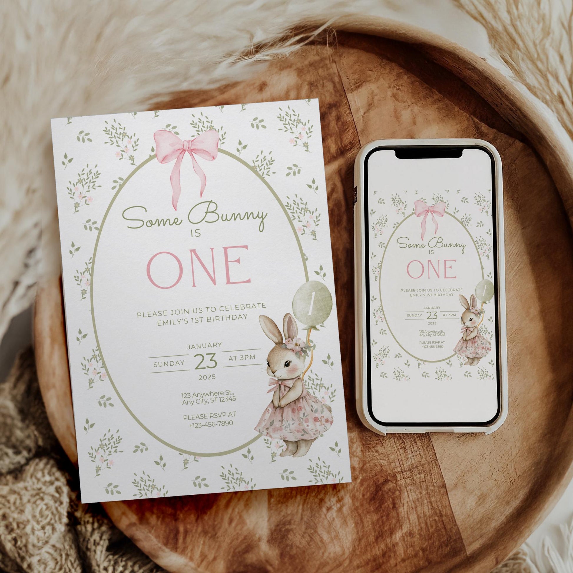 Some Bunny is One Birthday Invitation Bunny Birthday Invite Spring Floral Invitation Coquette Bunny First birthday Rabbit Birthday Invite