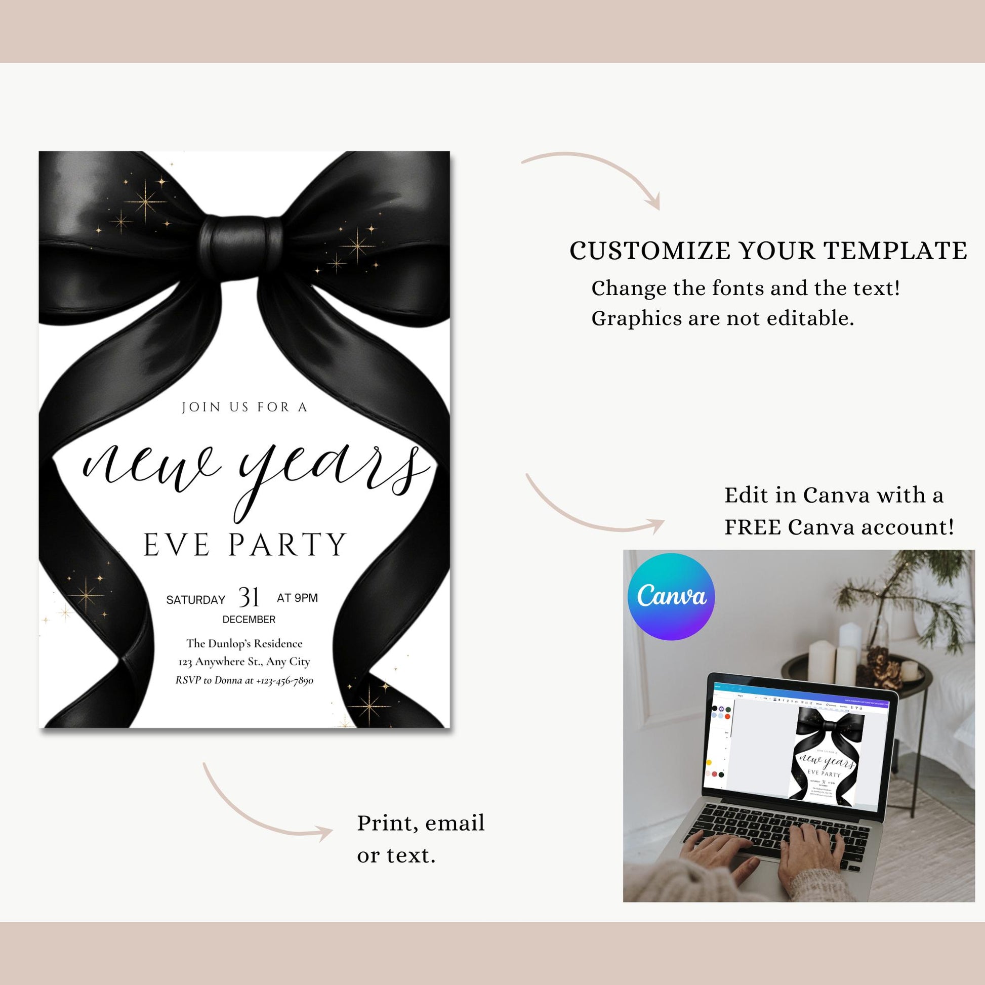 New Years Party invitation Friendsmas Invite Family Christmas Invite Black Bow Holiday Party Evite New Years Eve Dinner Instant Download