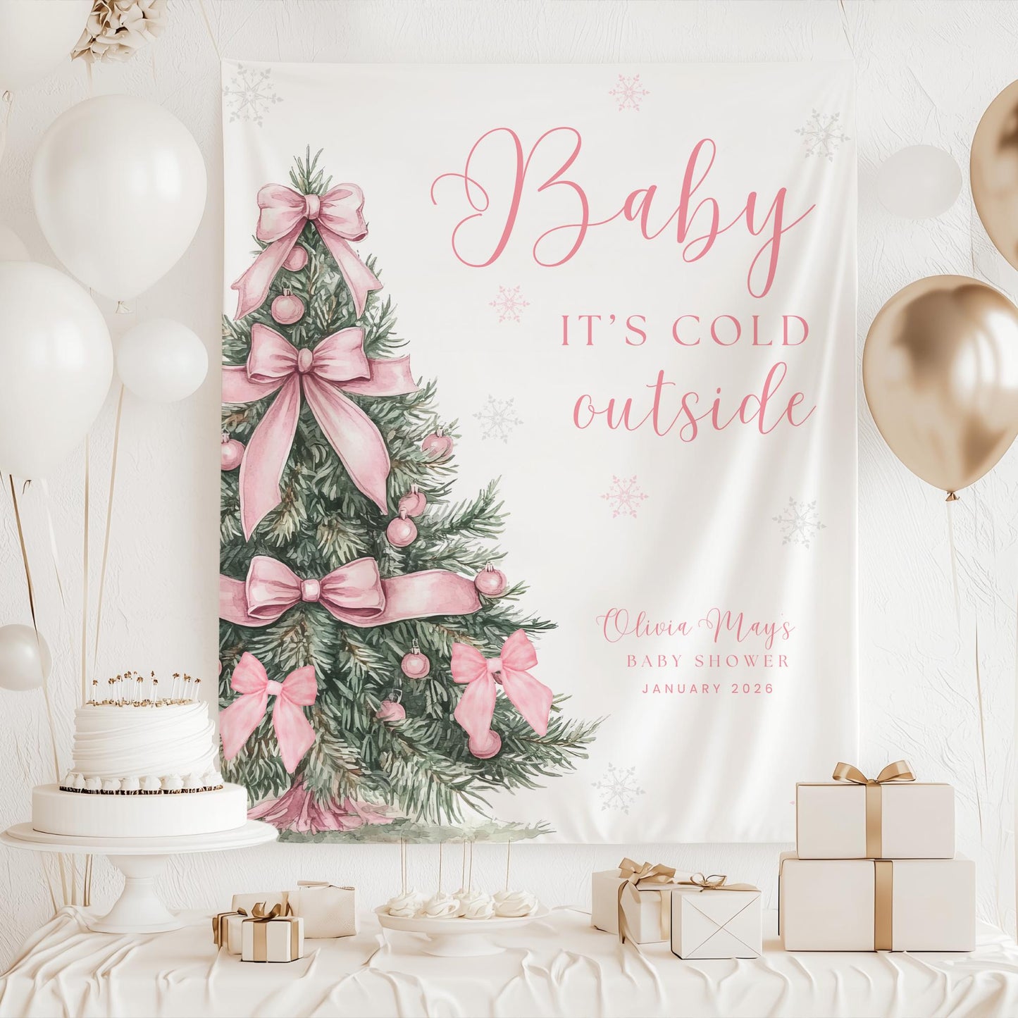 Baby its Cold Outside Baby Shower Banner Snowflake Winter Baby Shower Backdrop Bow Baby shower Sign Coquette decor Gender reveal
