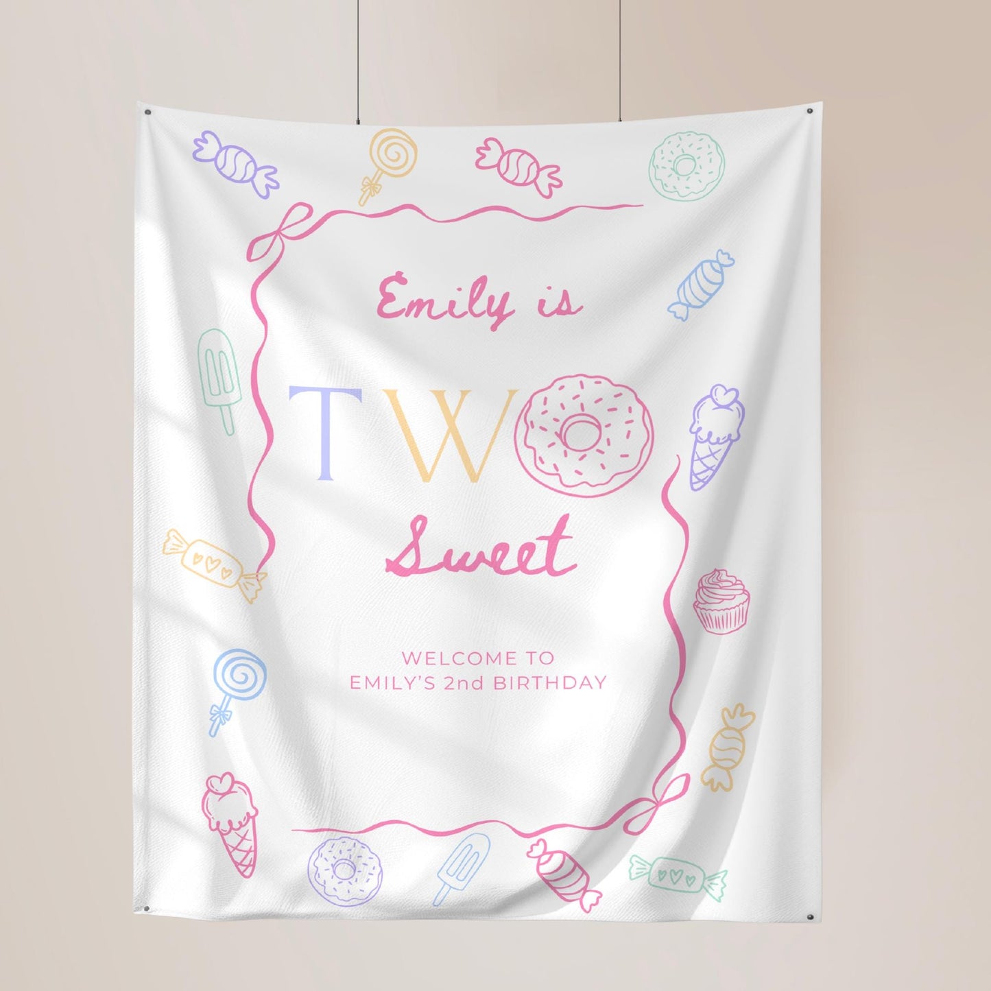 Two Sweet Birthday Personalized Banner Girl Second Birthday Dessert Theme Invite Candy Donut Ice Cream Sweets 2nd Birthday Welcome Sign