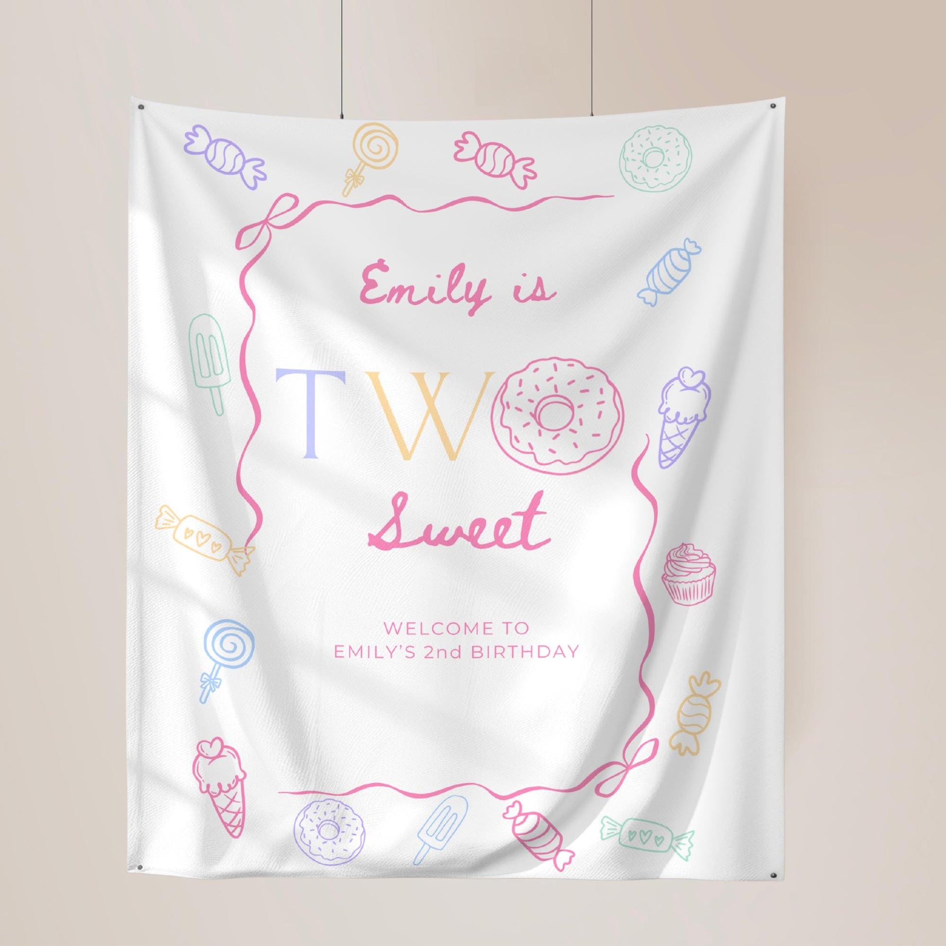 Two Sweet Birthday Personalized Banner Girl Second Birthday Dessert Theme Invite Candy Donut Ice Cream Sweets 2nd Birthday Welcome Sign
