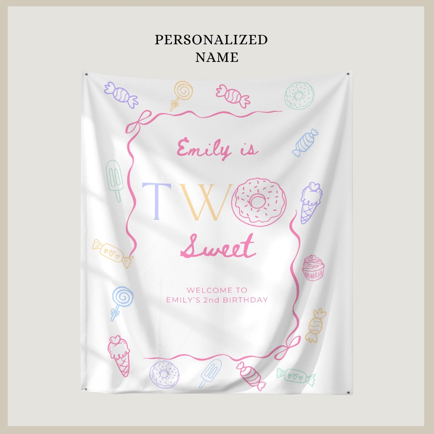 Two Sweet Birthday Personalized Banner Girl Second Birthday Dessert Theme Invite Candy Donut Ice Cream Sweets 2nd Birthday Welcome Sign