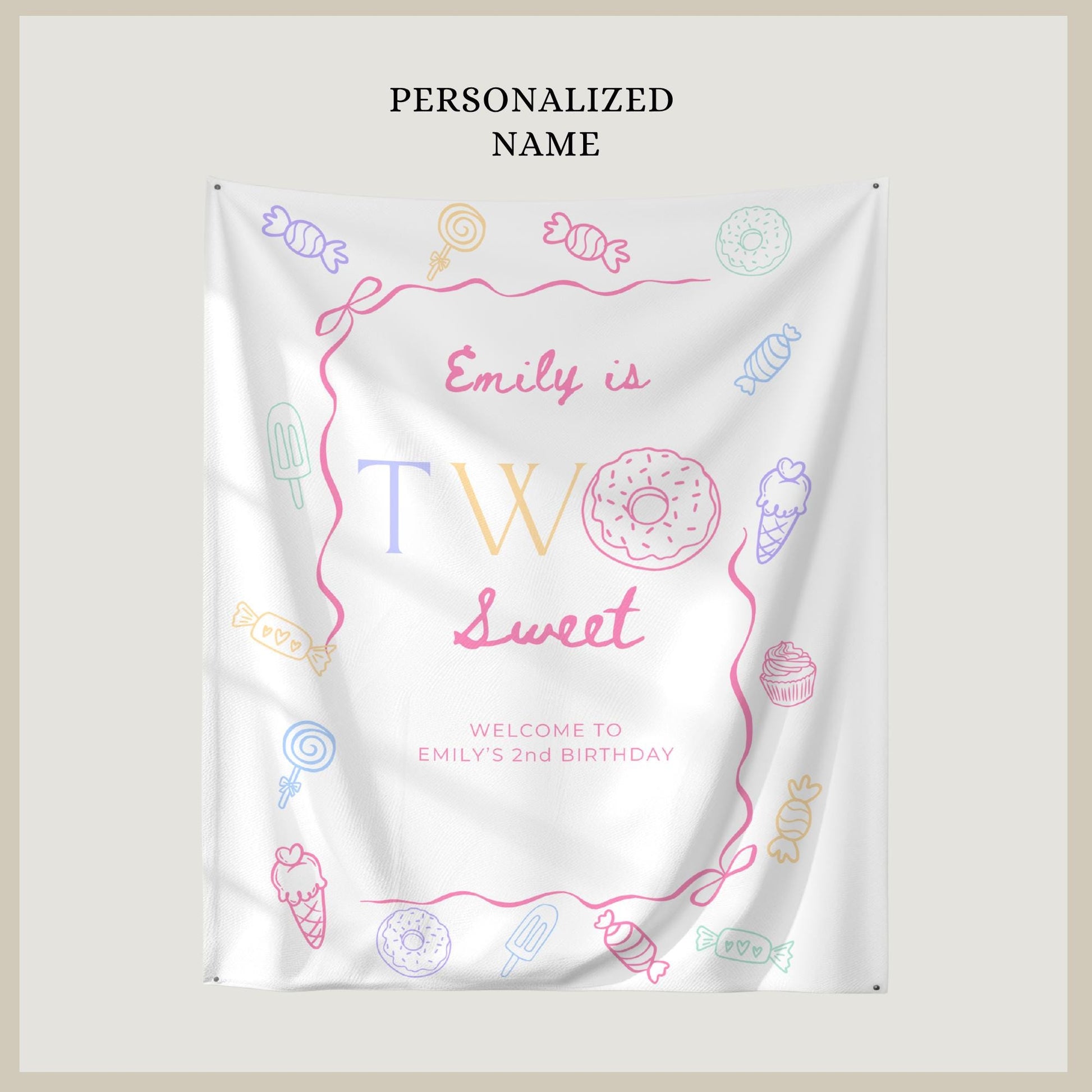 Two Sweet Birthday Personalized Banner Girl Second Birthday Dessert Theme Invite Candy Donut Ice Cream Sweets 2nd Birthday Welcome Sign