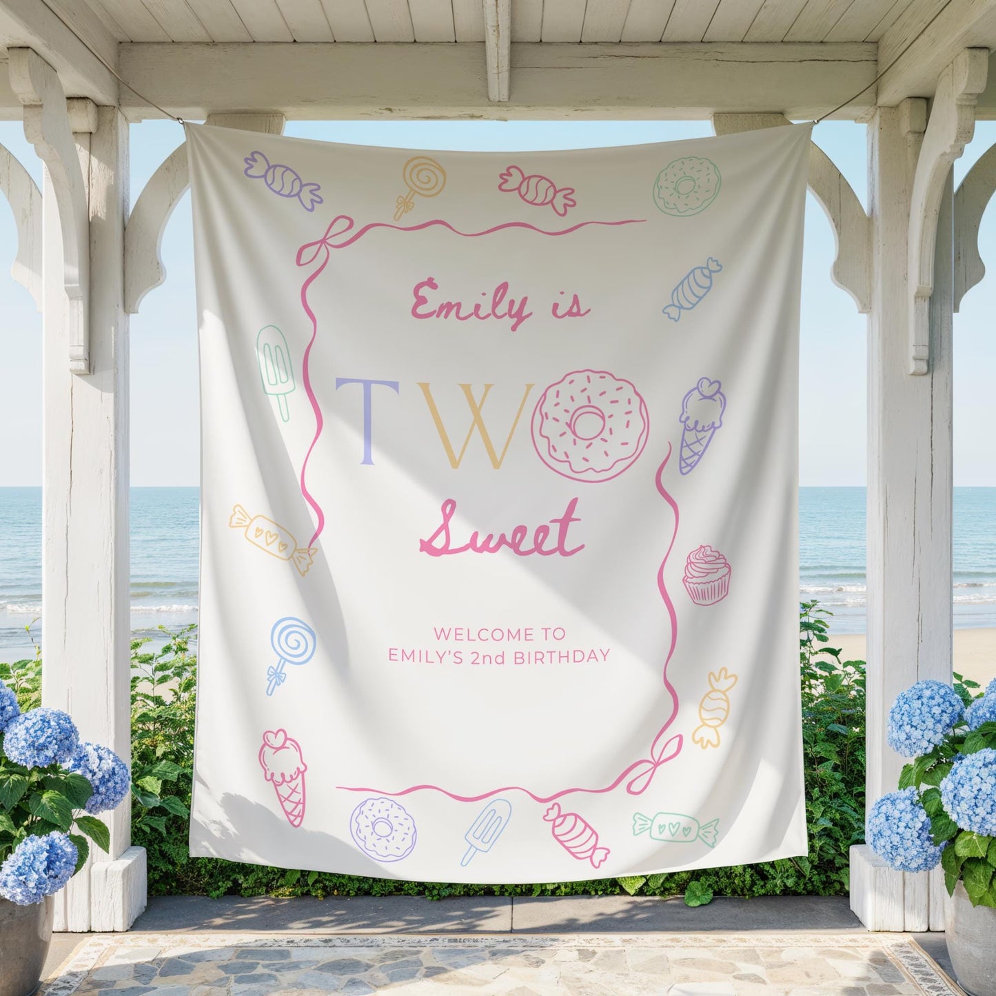Two Sweet Birthday Personalized Banner Girl Second Birthday Dessert Theme Invite Candy Donut Ice Cream Sweets 2nd Birthday Welcome Sign
