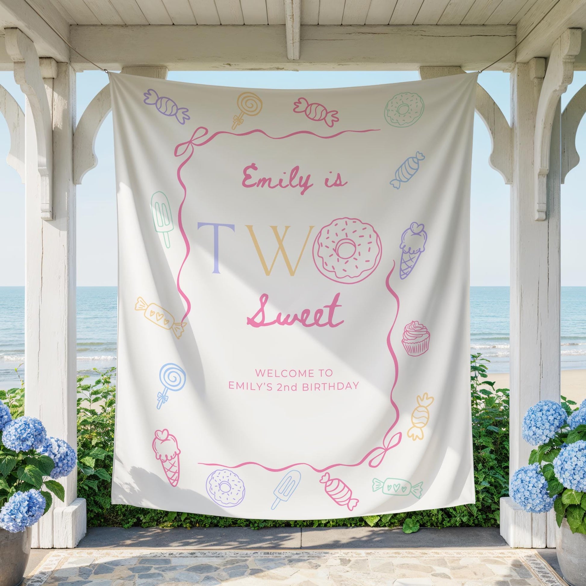 Two Sweet Birthday Personalized Banner Girl Second Birthday Dessert Theme Invite Candy Donut Ice Cream Sweets 2nd Birthday Welcome Sign