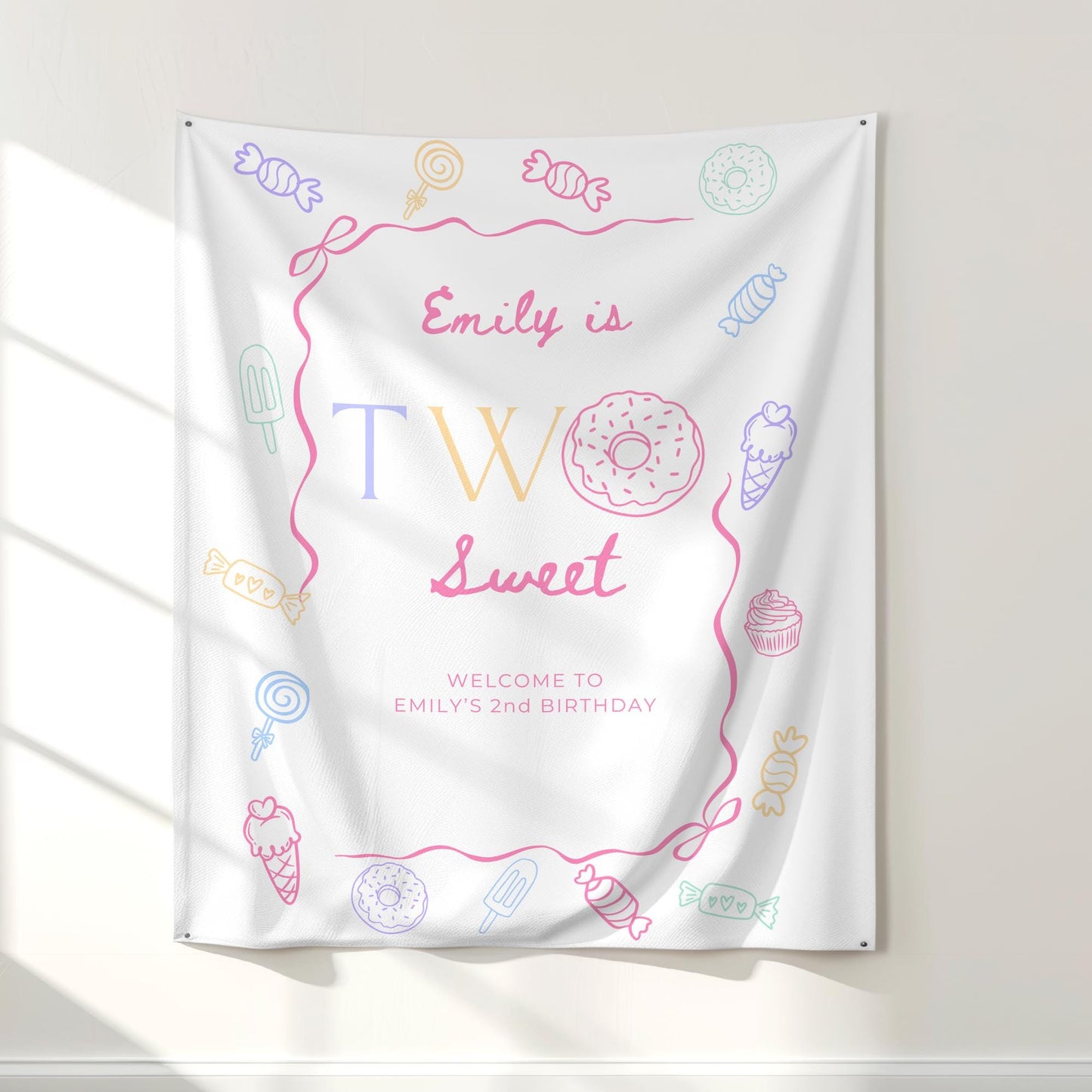 Two Sweet Birthday Personalized Banner Girl Second Birthday Dessert Theme Invite Candy Donut Ice Cream Sweets 2nd Birthday Welcome Sign