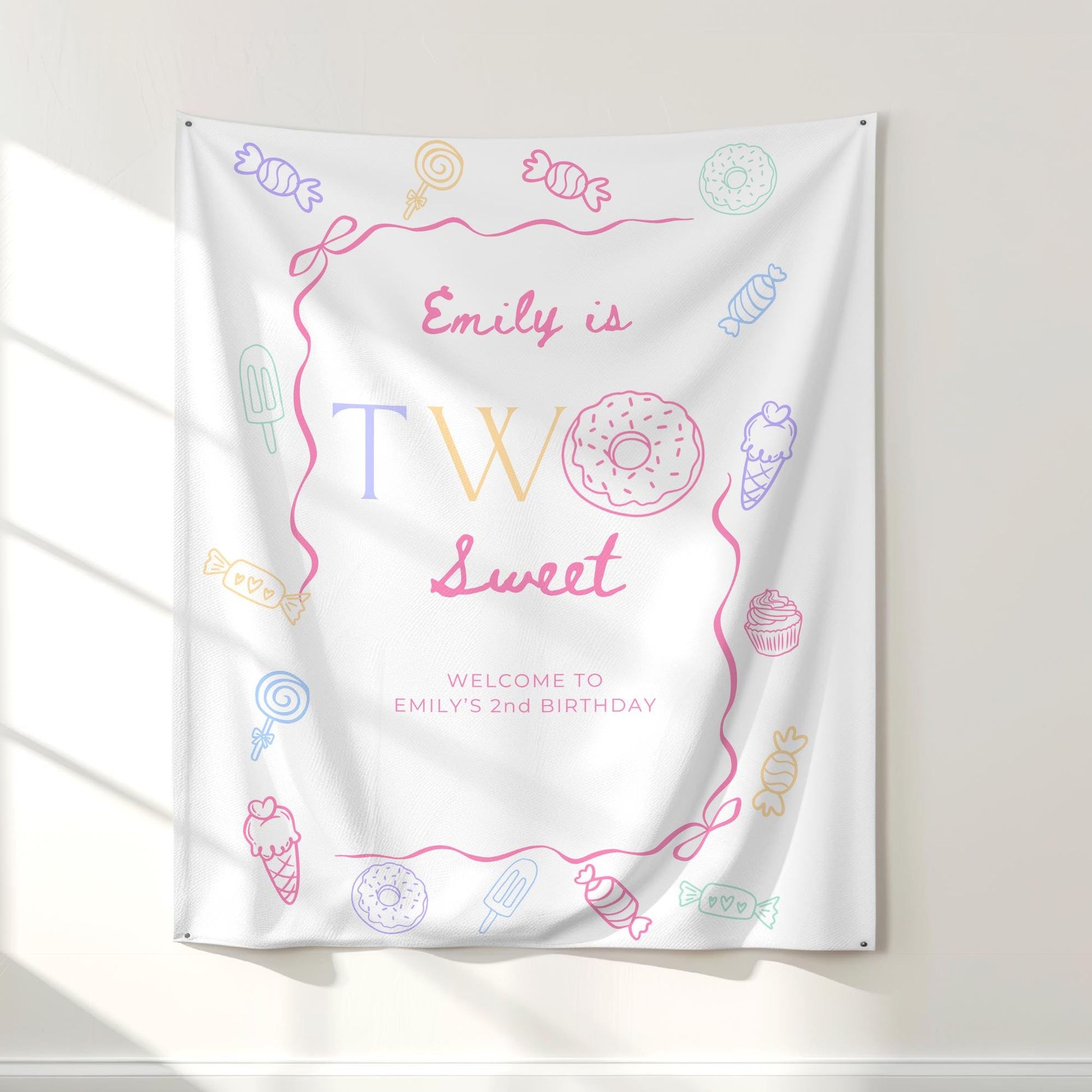 Two Sweet Birthday Personalized Banner Girl Second Birthday Dessert Theme Invite Candy Donut Ice Cream Sweets 2nd Birthday Welcome Sign