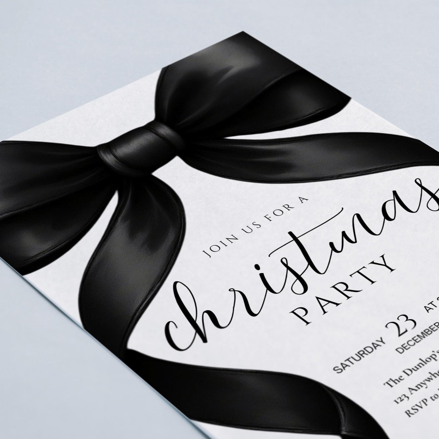 Christmas Party invitation Friendsmas Invite Family Christmas Invite Black Bow Holiday Party Evite Christmas Dinner Invite Instant Download