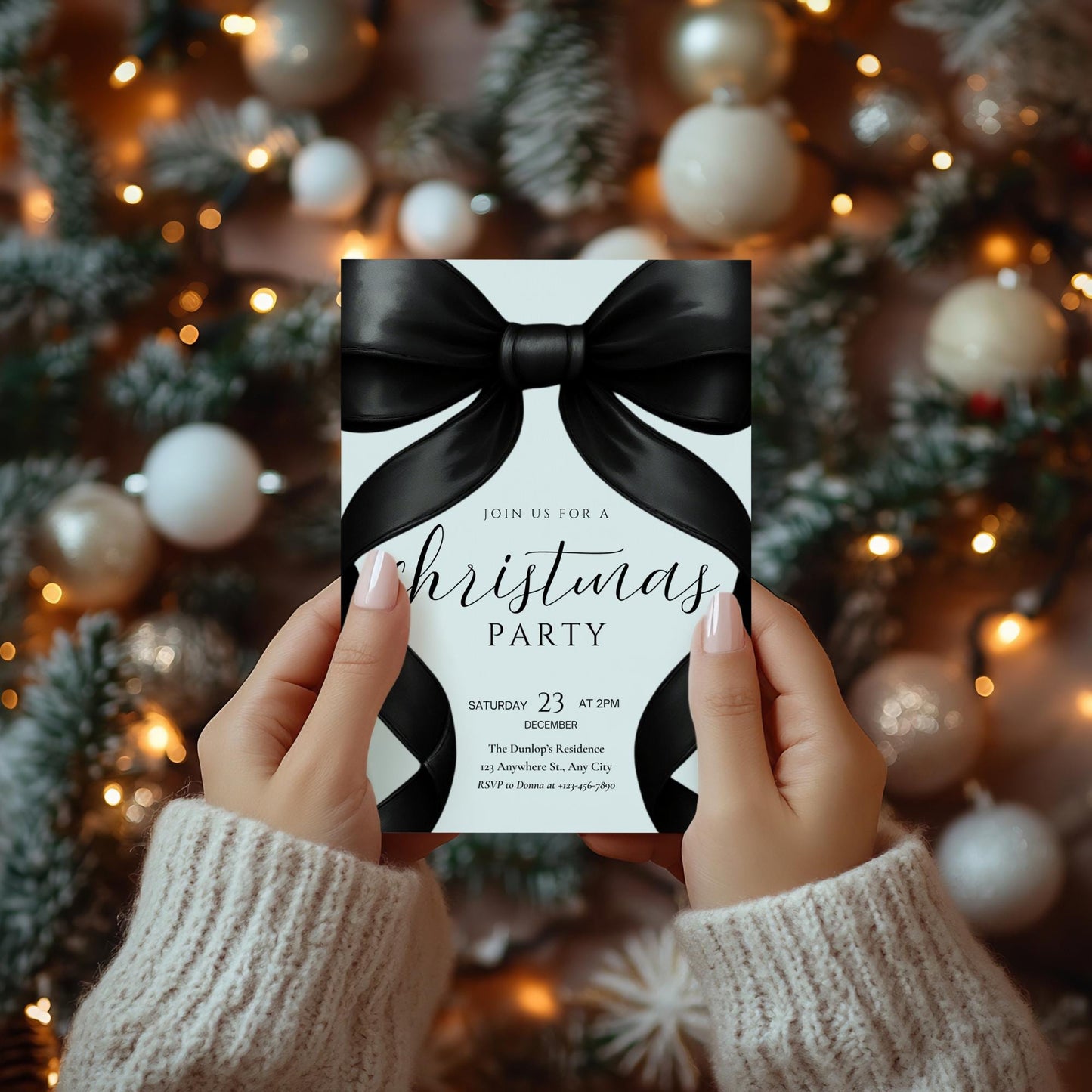 Christmas Party invitation Friendsmas Invite Family Christmas Invite Black Bow Holiday Party Evite Christmas Dinner Invite Instant Download