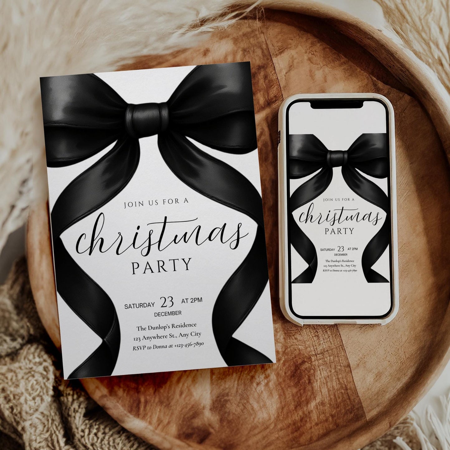 Christmas Party invitation Friendsmas Invite Family Christmas Invite Black Bow Holiday Party Evite Christmas Dinner Invite Instant Download