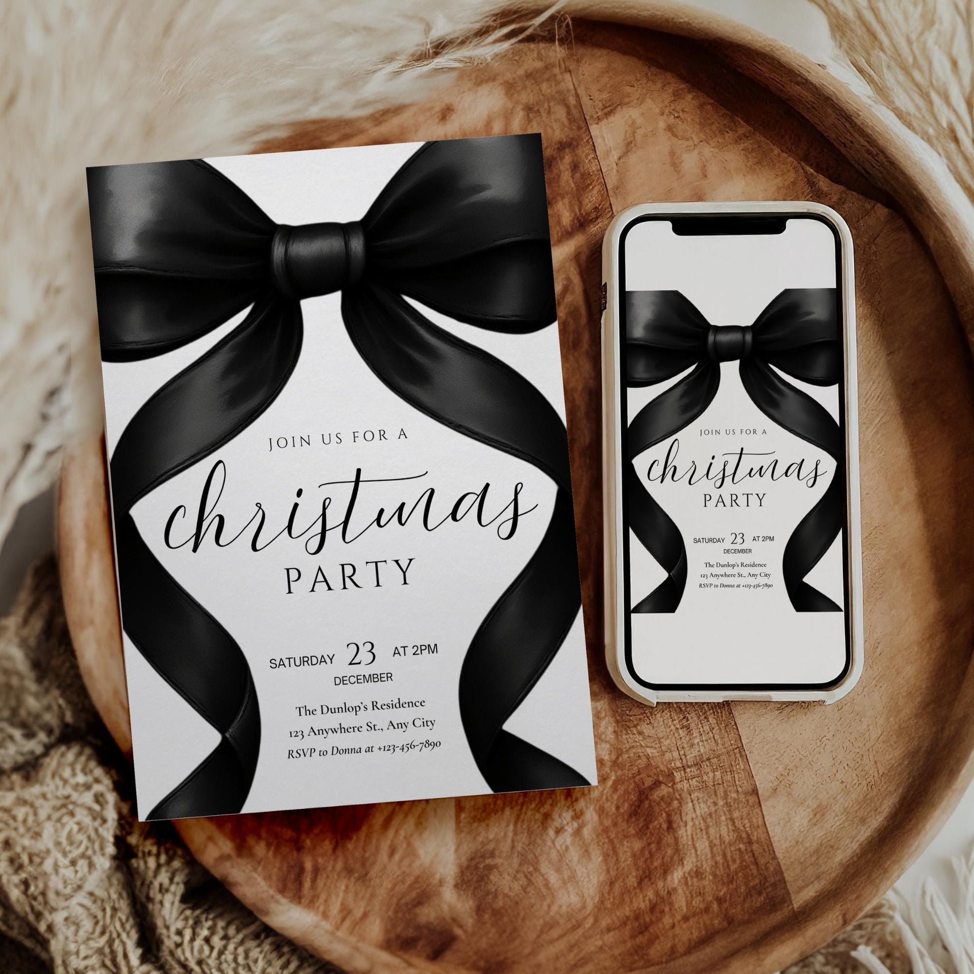 Christmas Party invitation Friendsmas Invite Family Christmas Invite Black Bow Holiday Party Evite Christmas Dinner Invite Instant Download