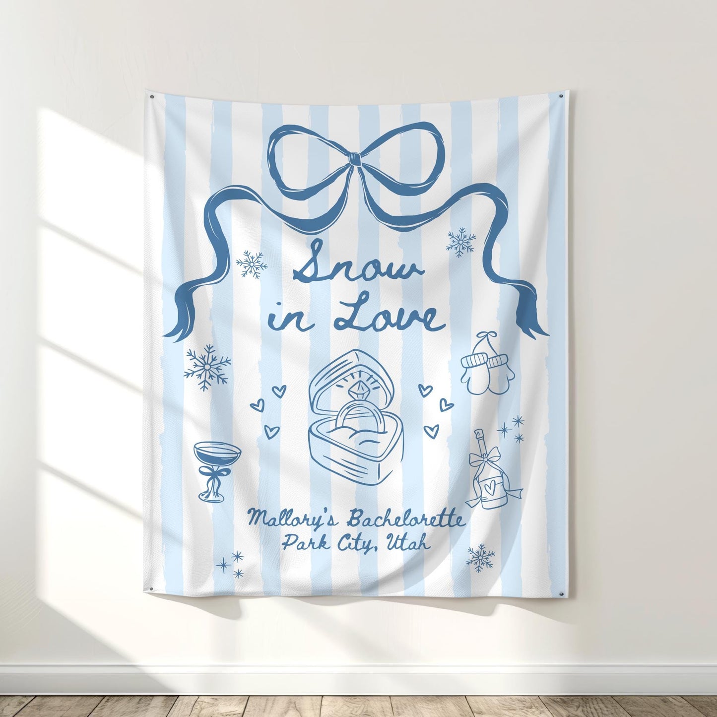 Snow in Love Bachelorette Banner Apres Ski Banner Ski Bachelorette Banner Winter Bachelorette Photo Backdrop Mountain Bridal Shower Decor