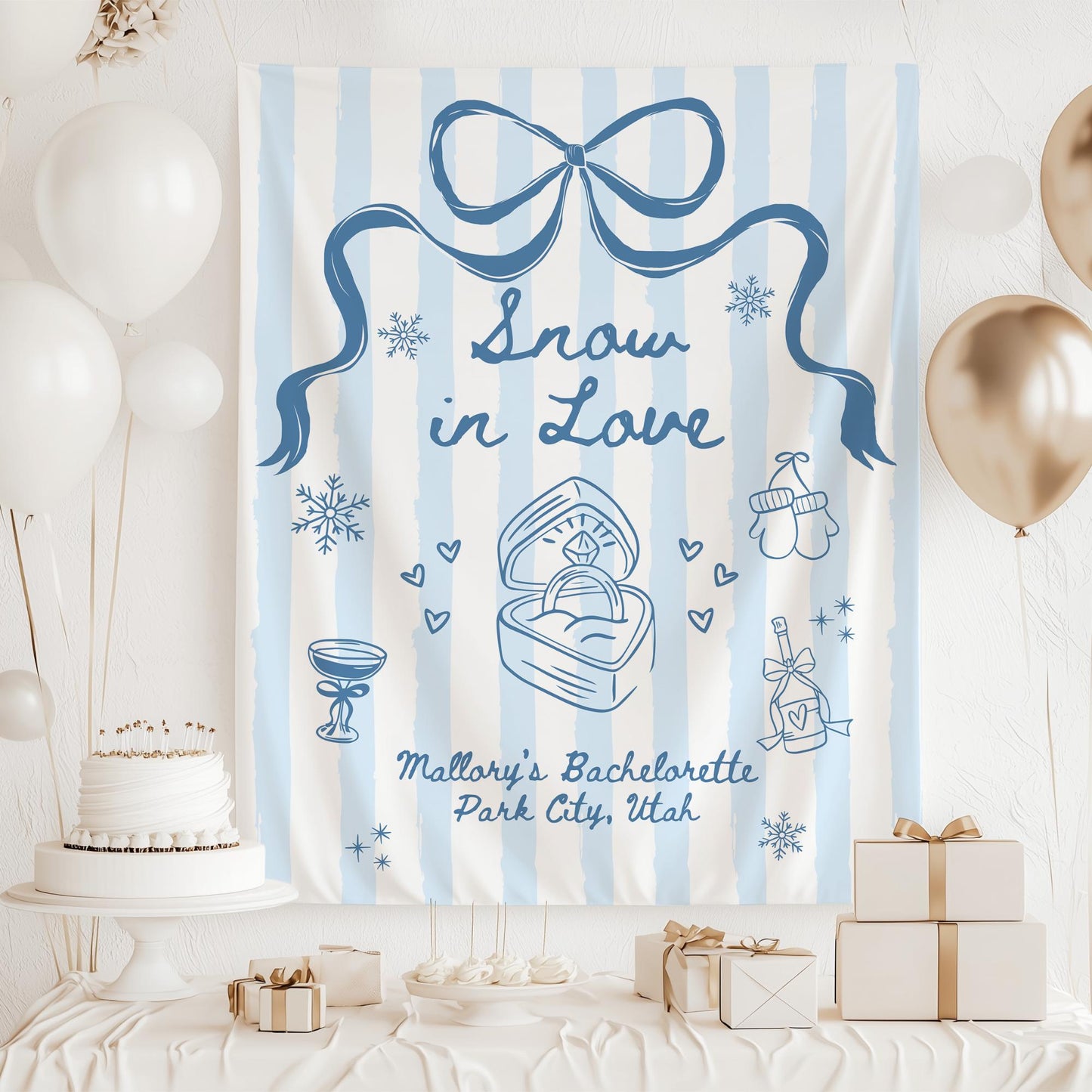 Snow in Love Bachelorette Banner Apres Ski Banner Ski Bachelorette Banner Winter Bachelorette Photo Backdrop Mountain Bridal Shower Decor