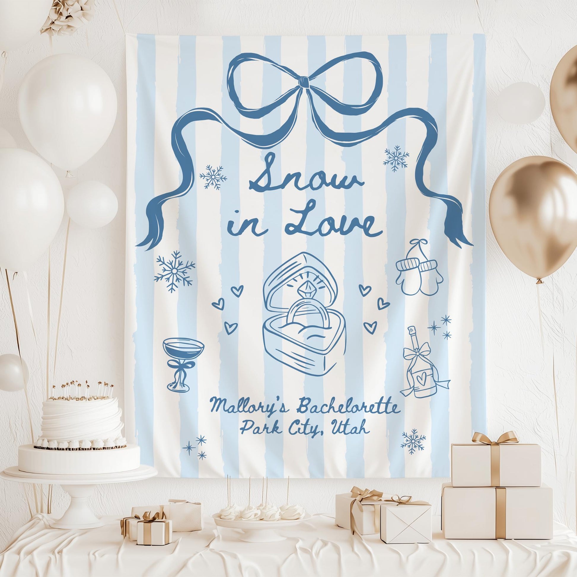 Snow in Love Bachelorette Banner Apres Ski Banner Ski Bachelorette Banner Winter Bachelorette Photo Backdrop Mountain Bridal Shower Decor