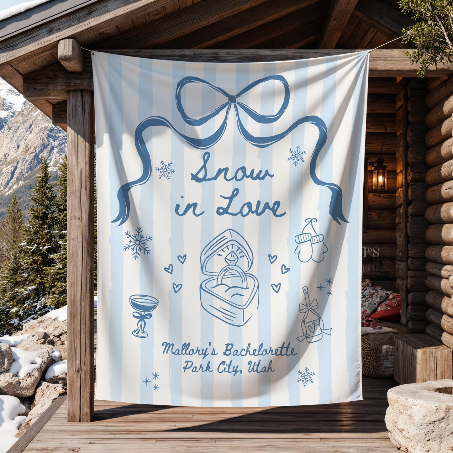 Snow in Love Bachelorette Banner Apres Ski Banner Ski Bachelorette Banner Winter Bachelorette Photo Backdrop Mountain Bridal Shower Decor