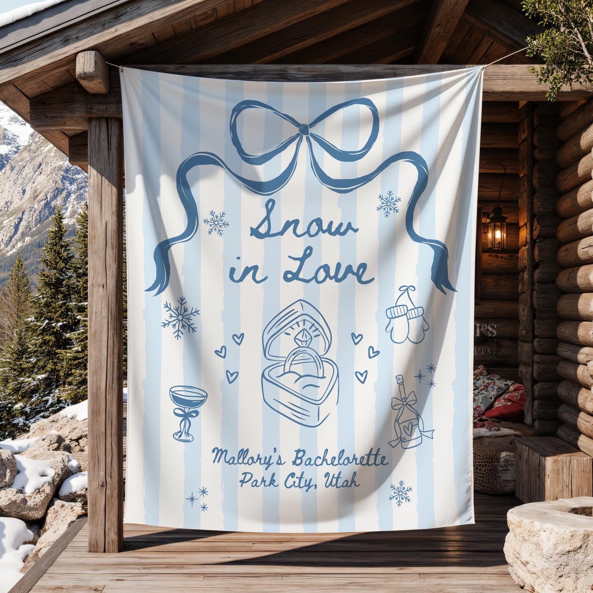 Snow in Love Bachelorette Banner Apres Ski Banner Ski Bachelorette Banner Winter Bachelorette Photo Backdrop Mountain Bridal Shower Decor