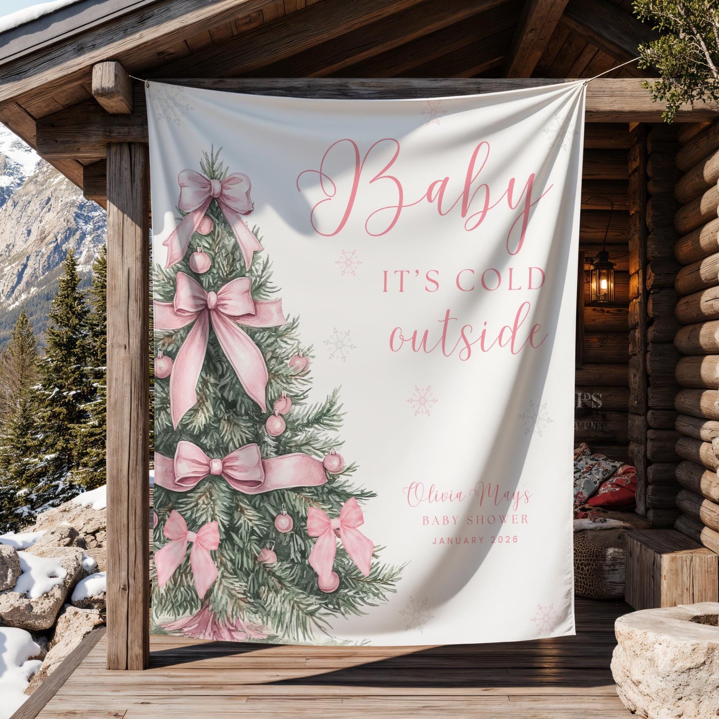 Baby its Cold Outside Baby Shower Banner Snowflake Winter Baby Shower Backdrop Bow Baby shower Sign Coquette decor Gender reveal