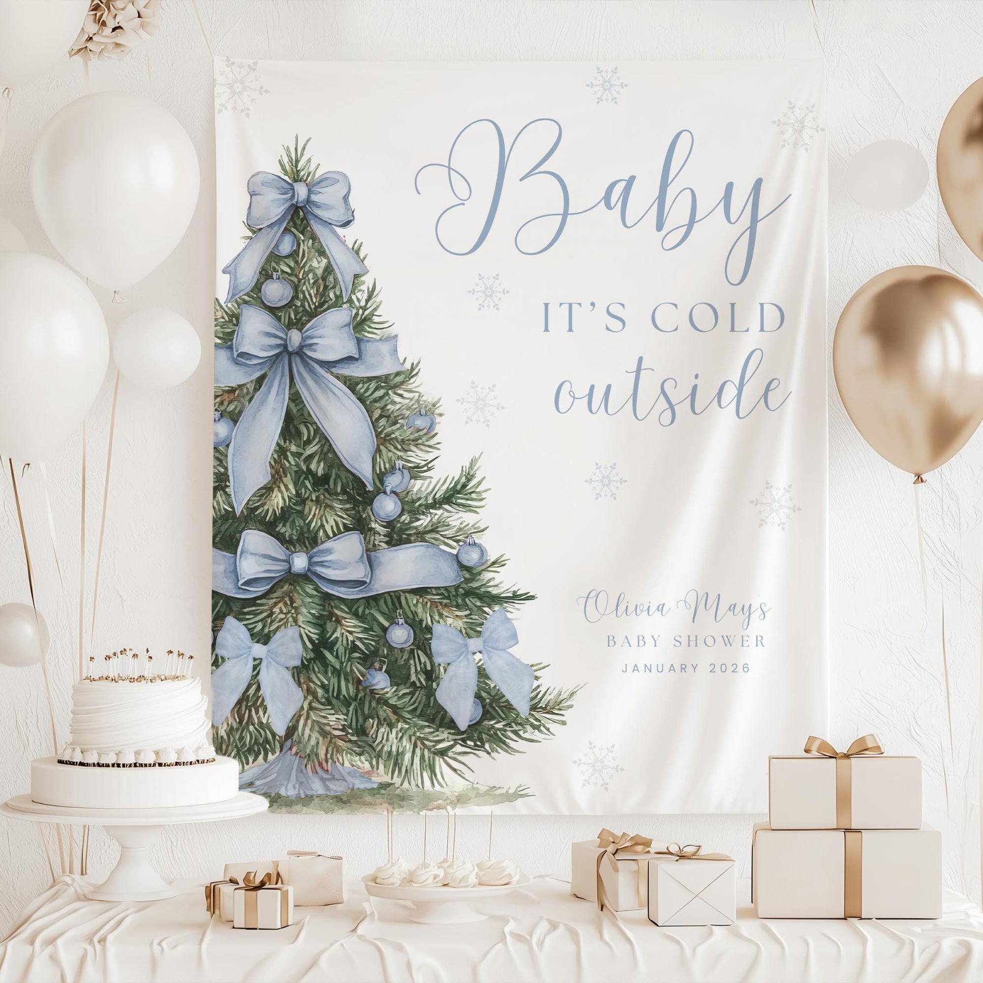 Baby its Cold Outside Baby Shower Banner Snowflake Winter Baby Shower Backdrop Bow Baby shower Sign Coquette decor Gender reveal