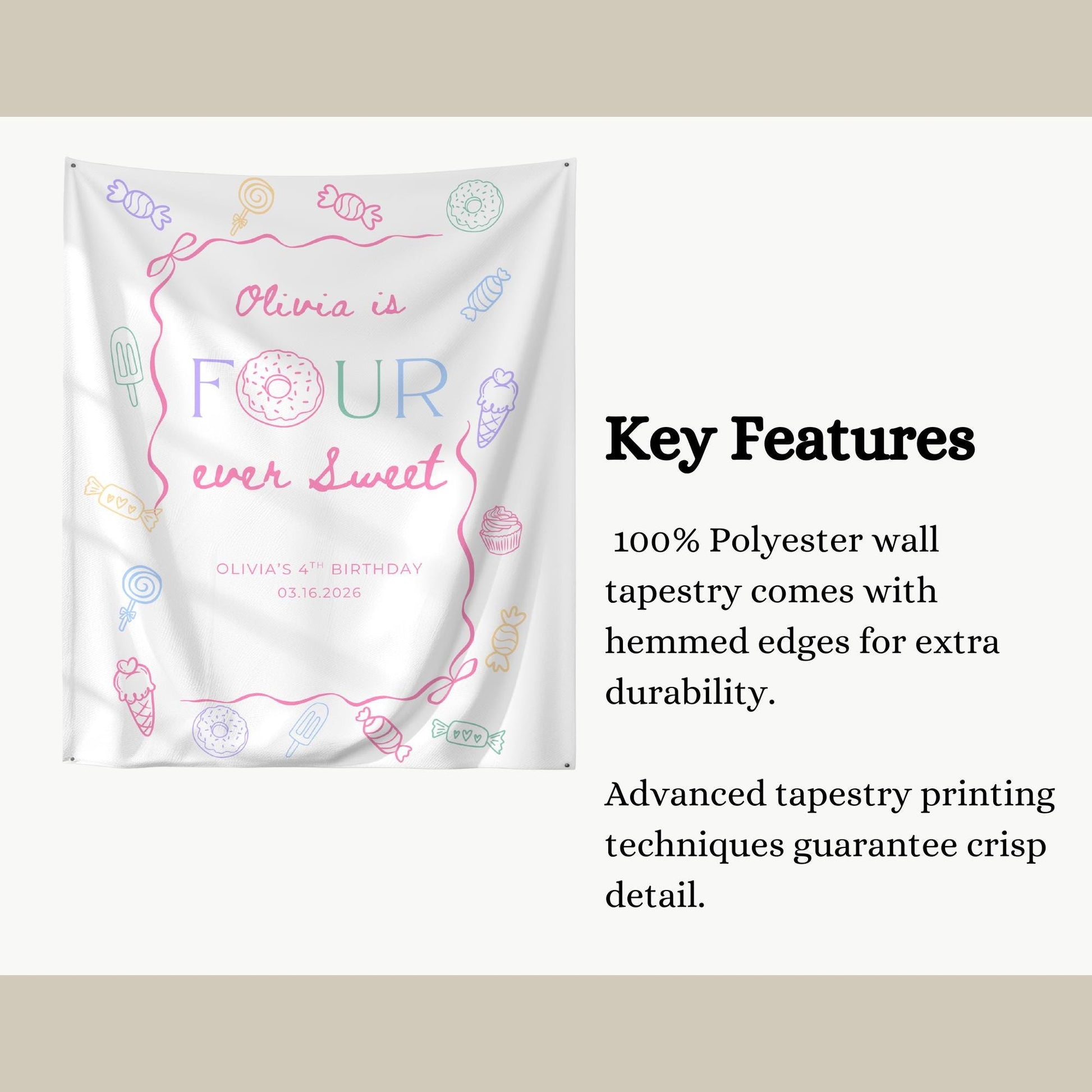 Four Ever Sweet Birthday Personalized Banner Girl 4thd Birthday Dessert Theme Invite Candy Donut Sweets fourth Birthday Welcome Sign