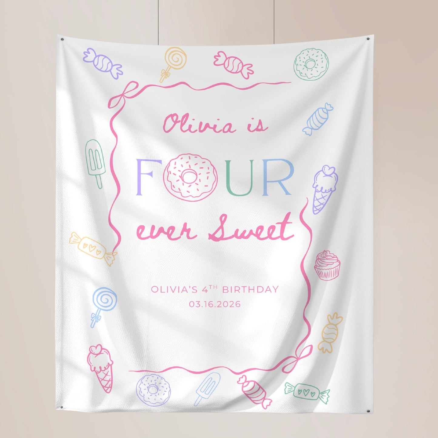 Four Ever Sweet Birthday Personalized Banner Girl 4thd Birthday Dessert Theme Invite Candy Donut Sweets fourth Birthday Welcome Sign