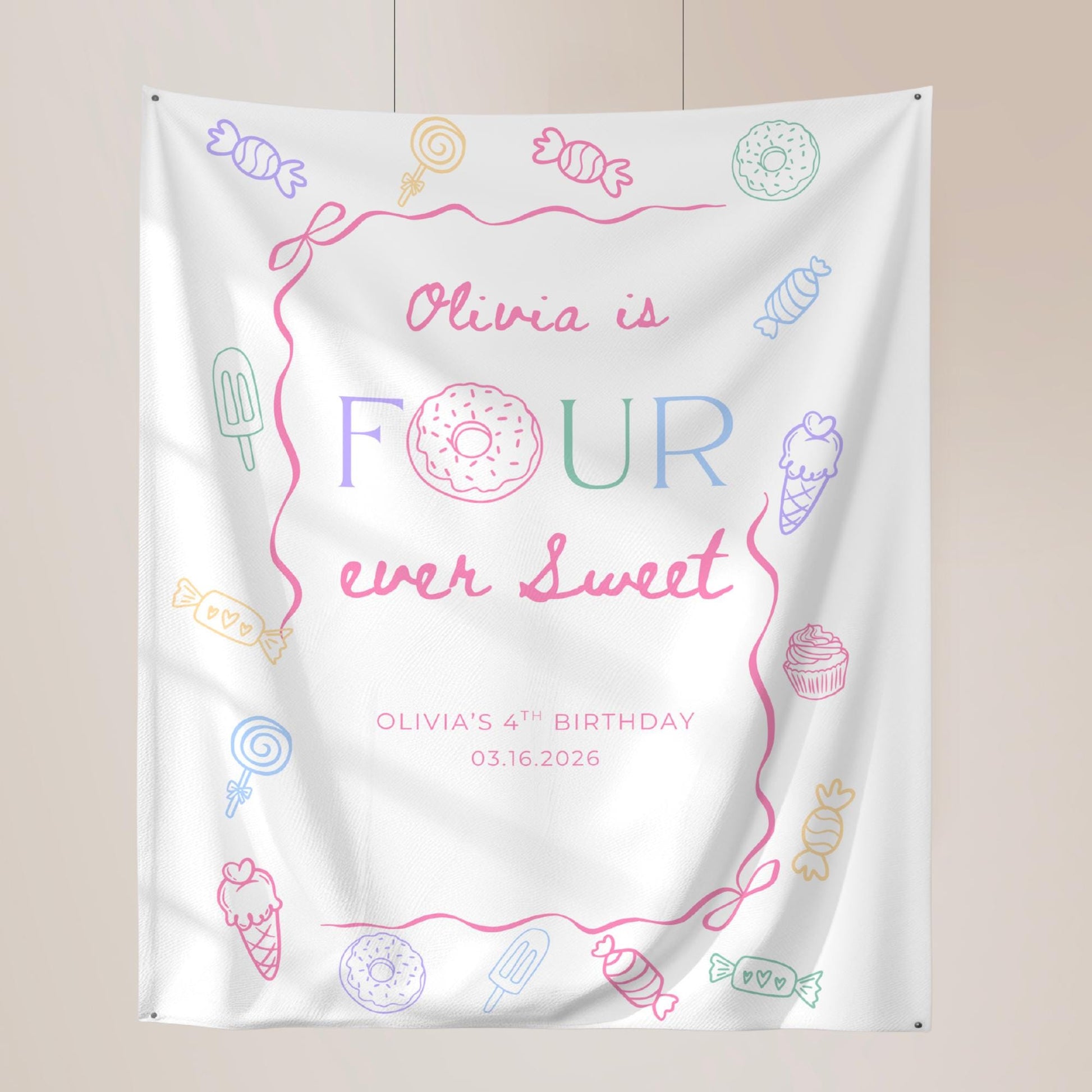 Four Ever Sweet Birthday Personalized Banner Girl 4thd Birthday Dessert Theme Invite Candy Donut Sweets fourth Birthday Welcome Sign